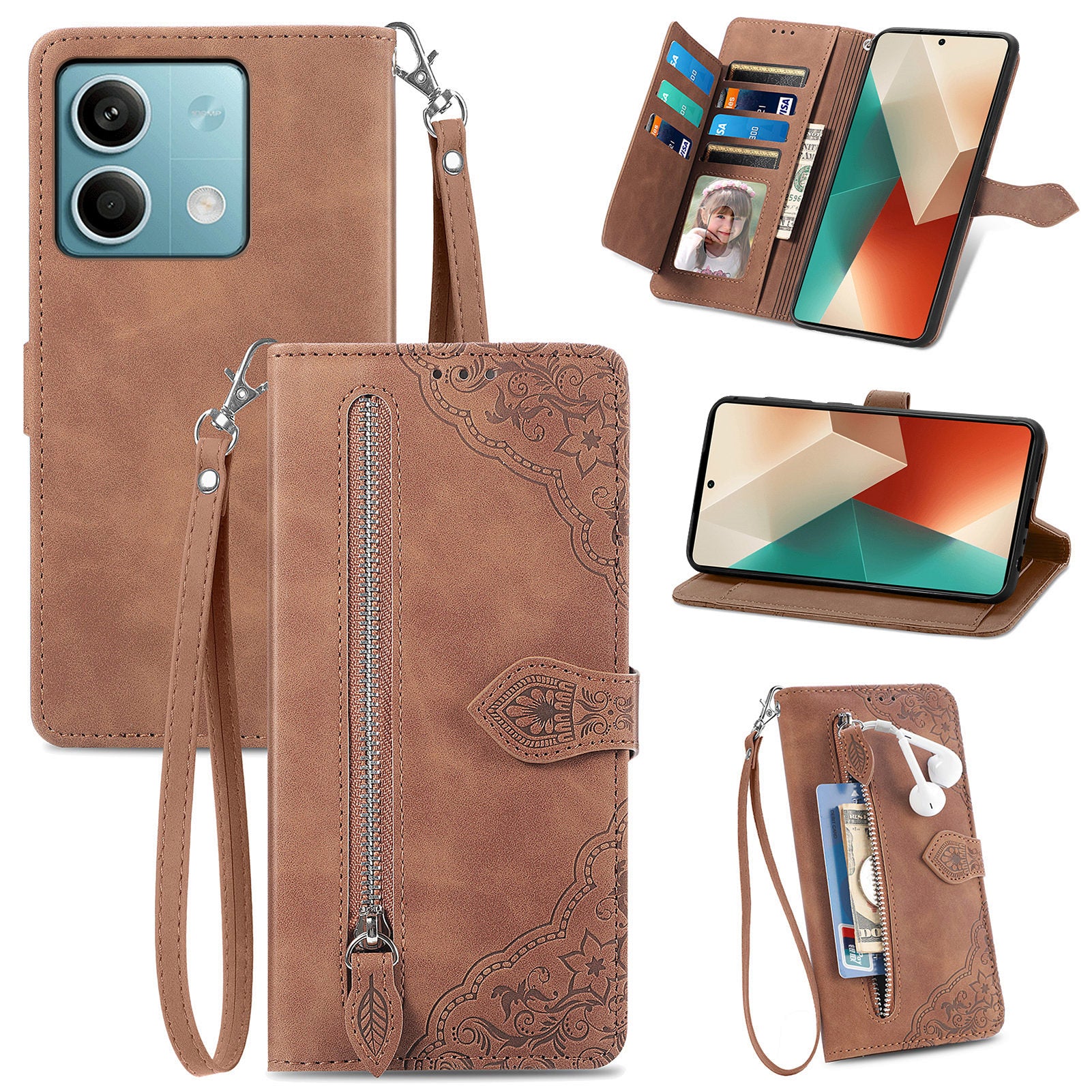 For Xiaomi Redmi Note 13 5G Case Handbag Zipper Pocket Flower Imprinted Leather Phone Cover