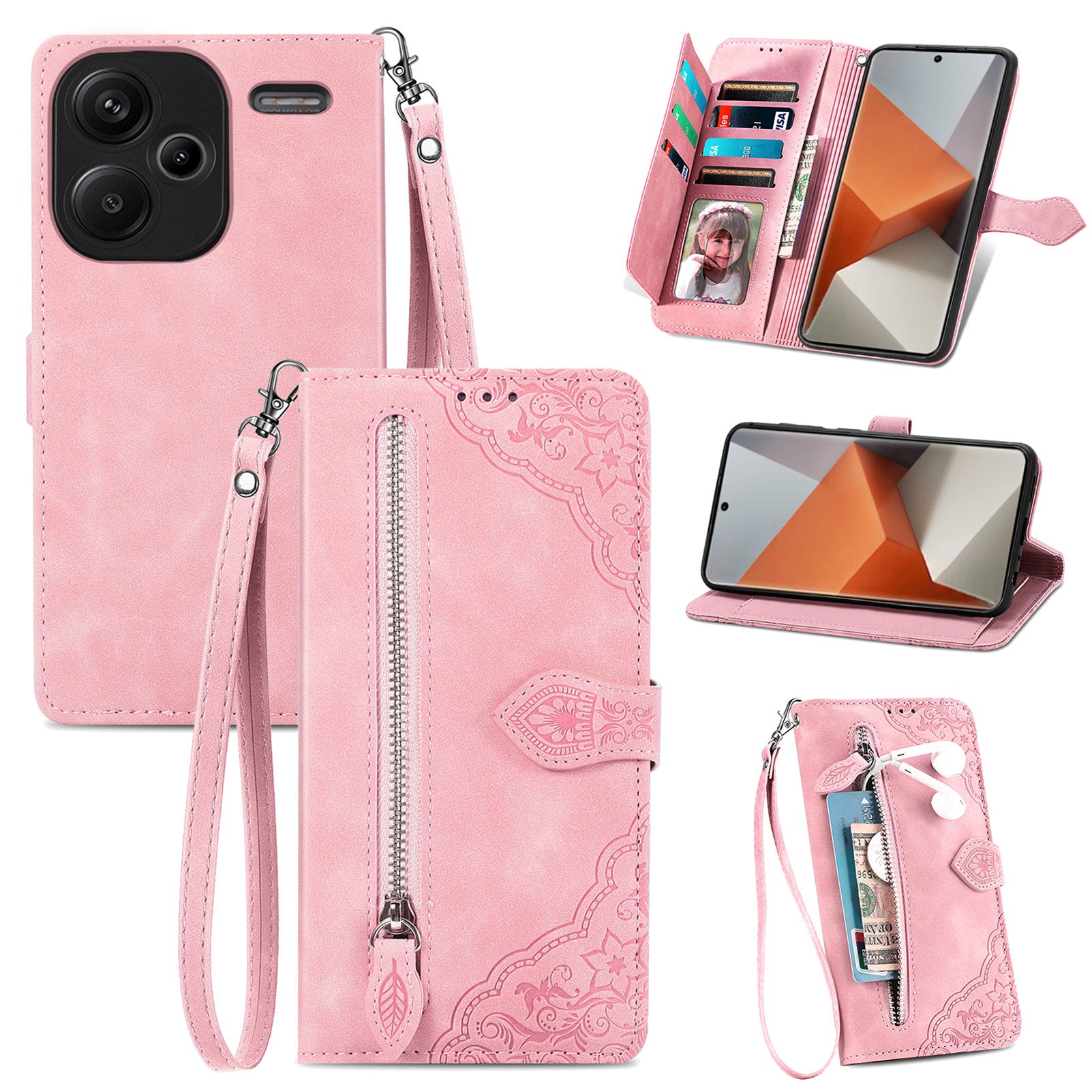 For Xiaomi Redmi Note 13 Pro+ 5G Leather Wallet Case Zipper Pocket Flower Phone Cover