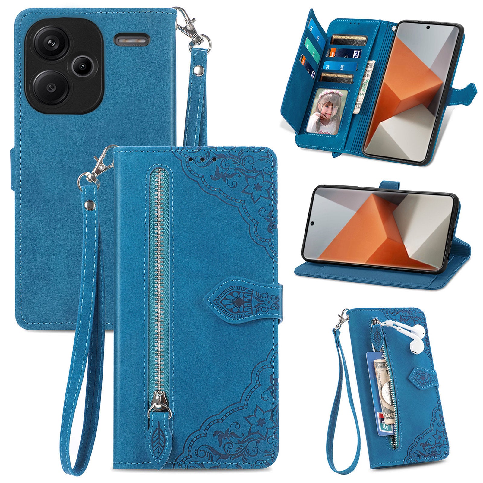For Xiaomi Redmi Note 13 Pro+ 5G Leather Wallet Case Zipper Pocket Flower Phone Cover