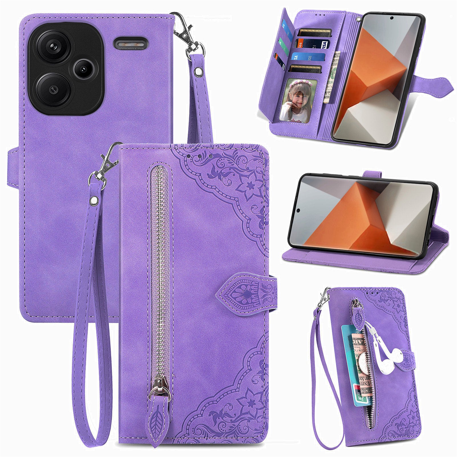 For Xiaomi Redmi Note 13 Pro+ 5G Leather Wallet Case Zipper Pocket Flower Phone Cover