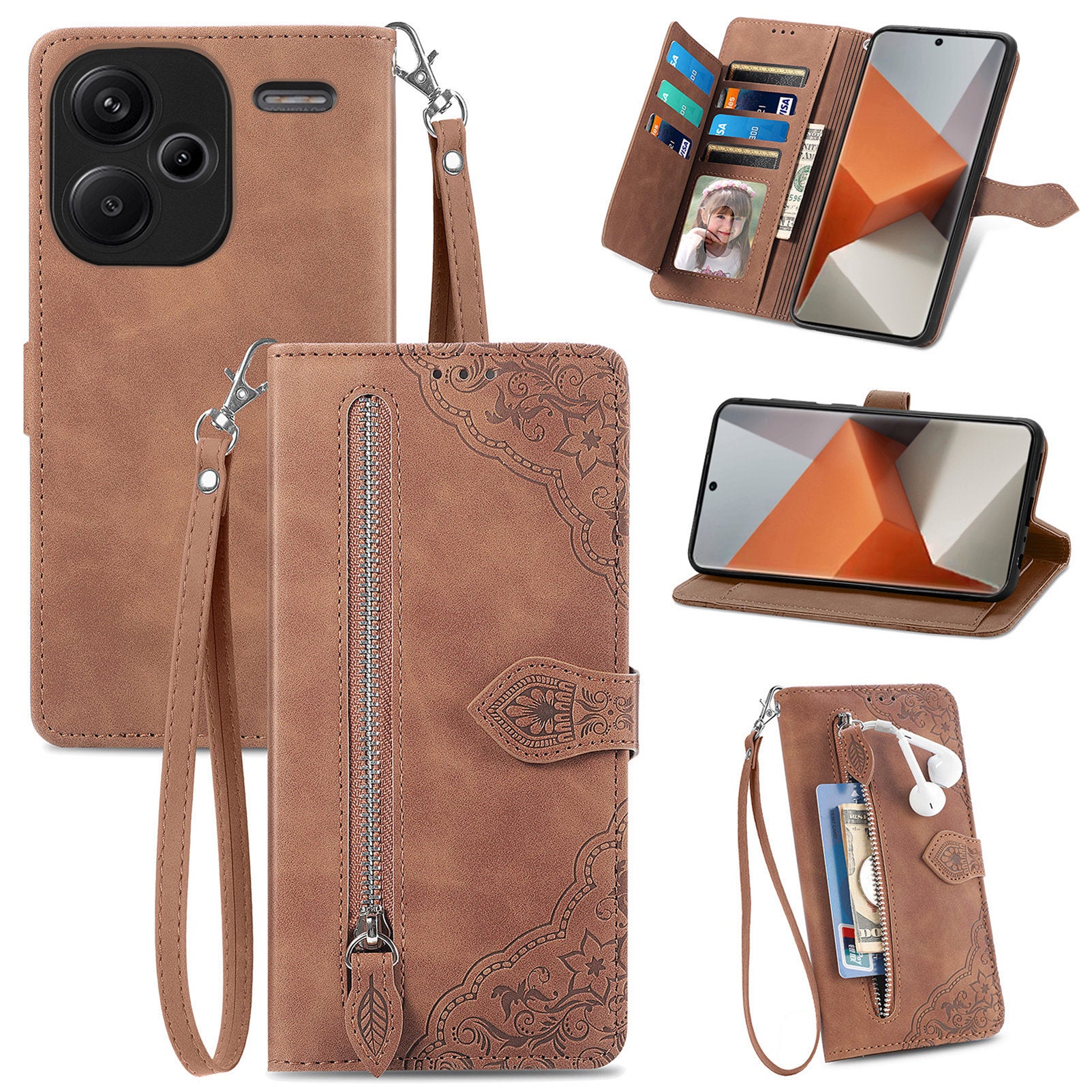 For Xiaomi Redmi Note 13 Pro+ 5G Leather Wallet Case Zipper Pocket Flower Phone Cover