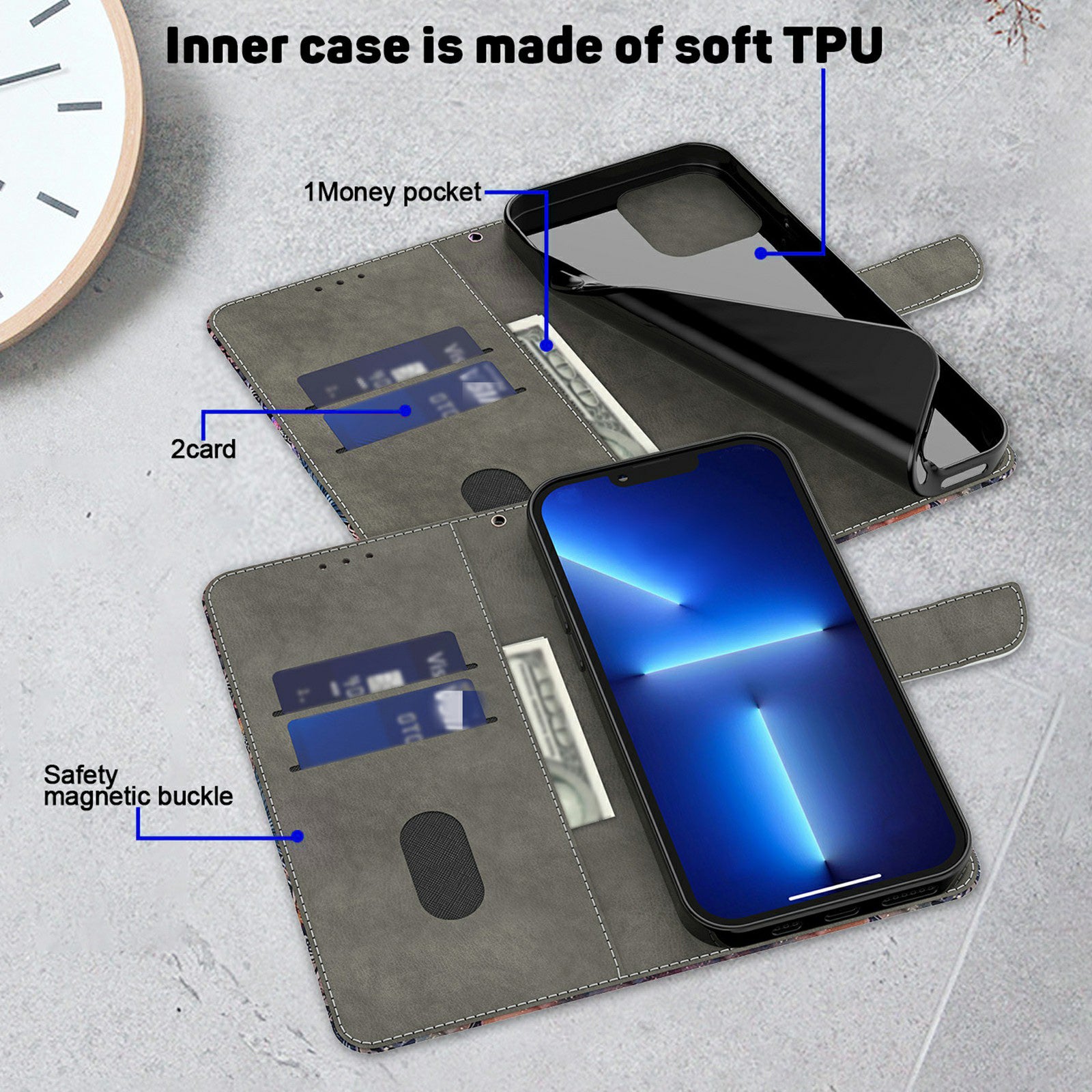 For iPhone 15 Pro Max Case PU Leather Pattern Magnetic Closure Folio Phone Cover