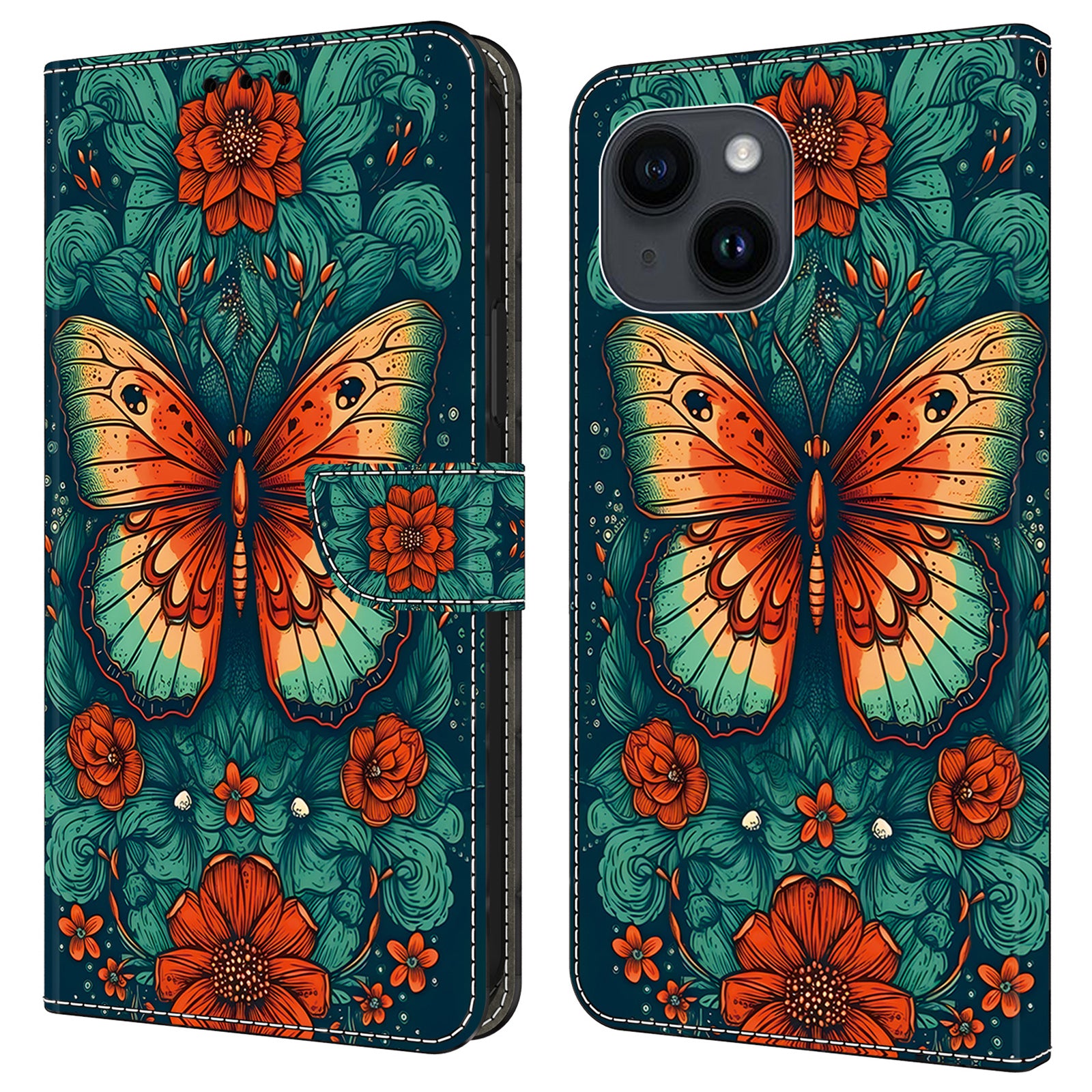 For iPhone 15 Leather Case Pattern Printing Wallet Stand Magnetic Clasp Phone Cover