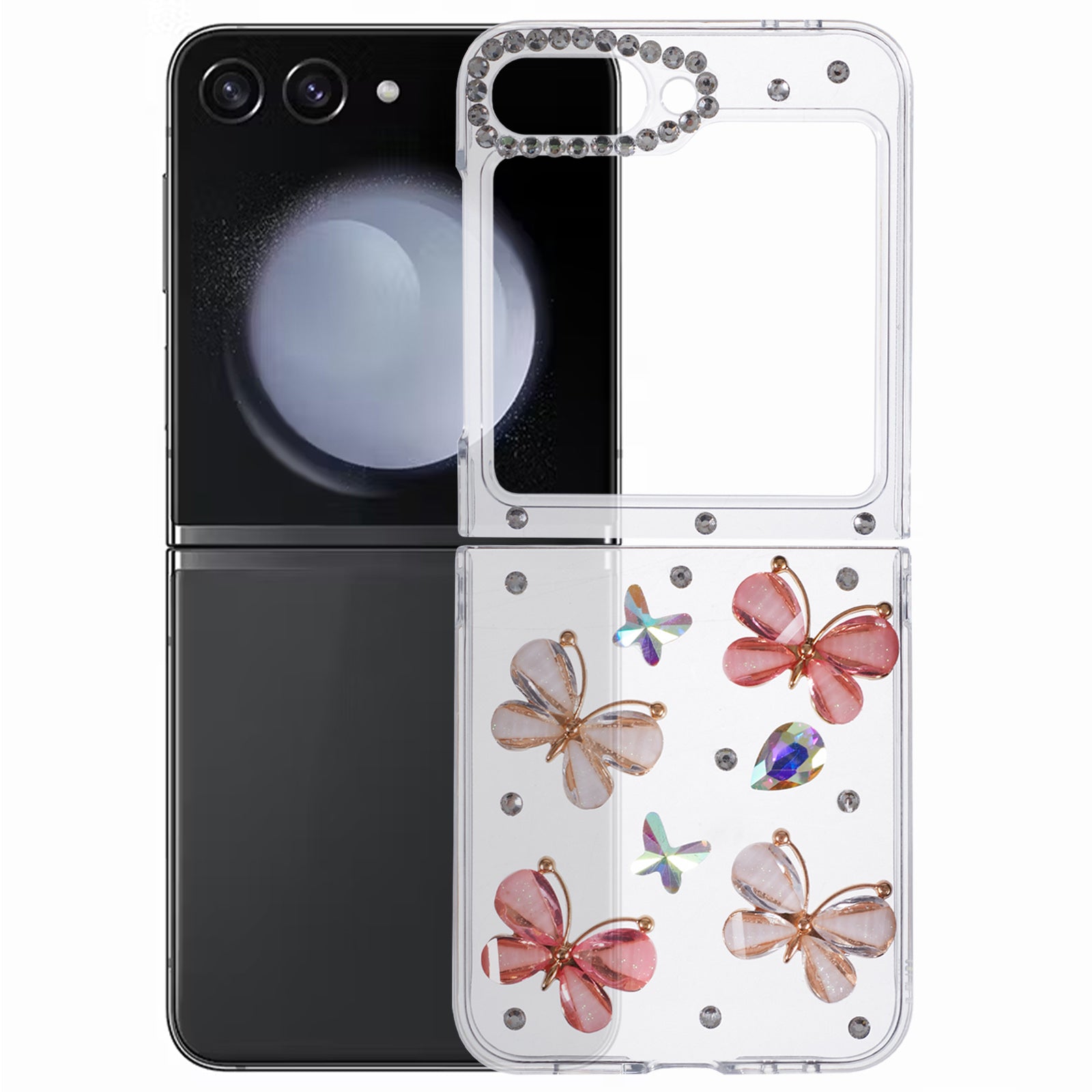 For Samsung Galaxy Z Flip6 5G Case 2-Piece Design Rhinestone Decor Plastic Phone Cover