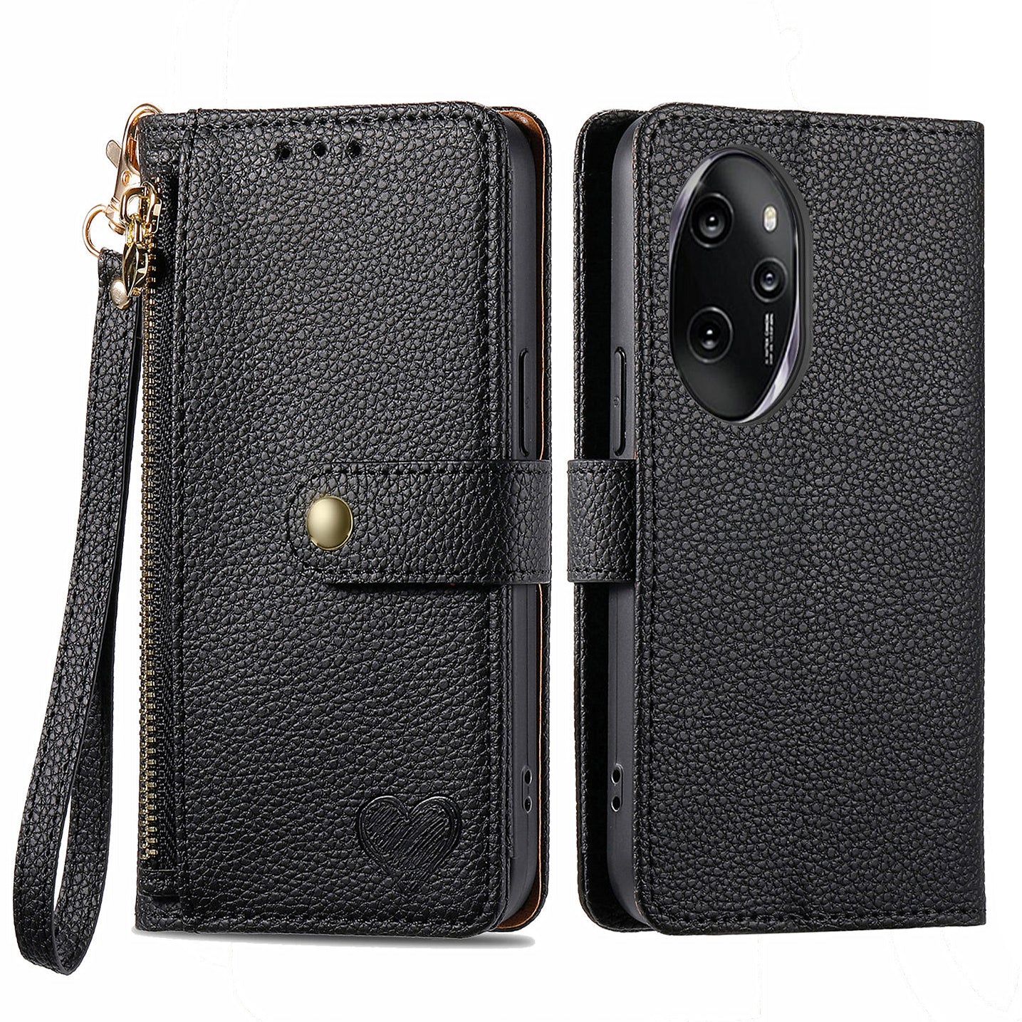For Honor 100 Pro 5G Case PU Leather Zipper Flip Folio Phone Cover with Wrist Strap