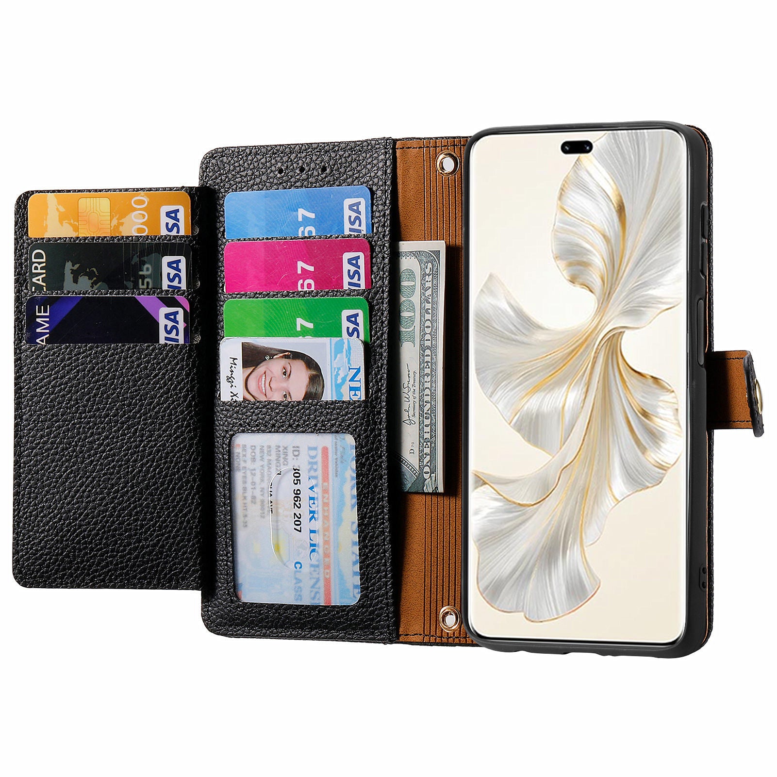 For Honor 100 Pro 5G Case PU Leather Zipper Flip Folio Phone Cover with Wrist Strap
