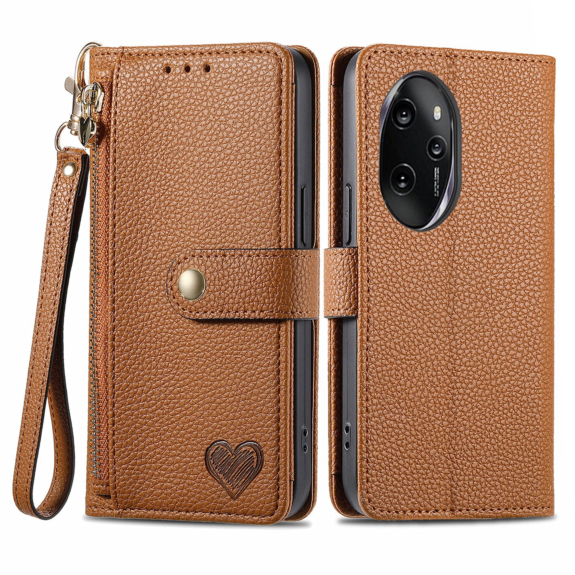 For Honor 100 Pro 5G Case PU Leather Zipper Flip Folio Phone Cover with Wrist Strap