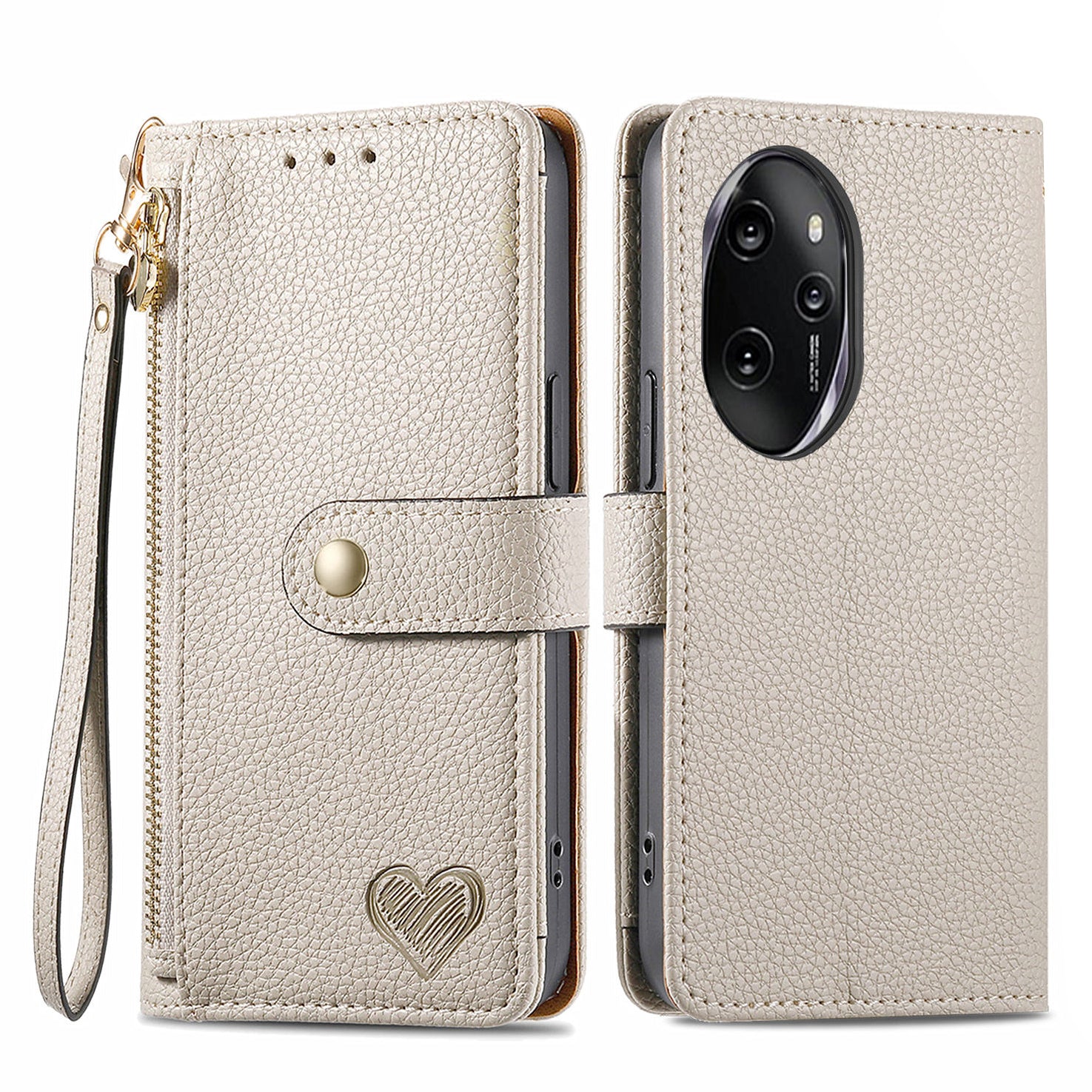 For Honor 100 Pro 5G Case PU Leather Zipper Flip Folio Phone Cover with Wrist Strap