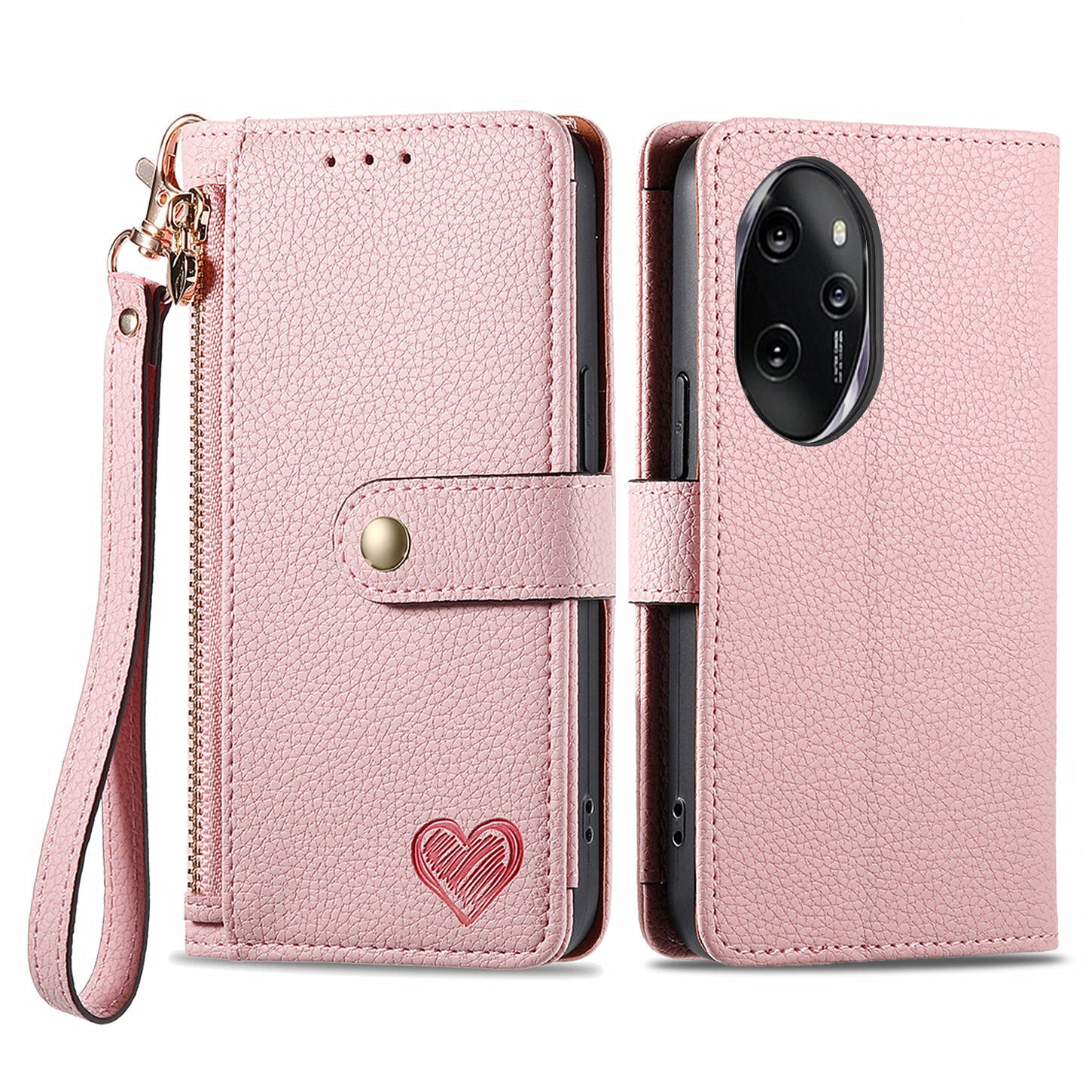For Honor 100 Pro 5G Case PU Leather Zipper Flip Folio Phone Cover with Wrist Strap