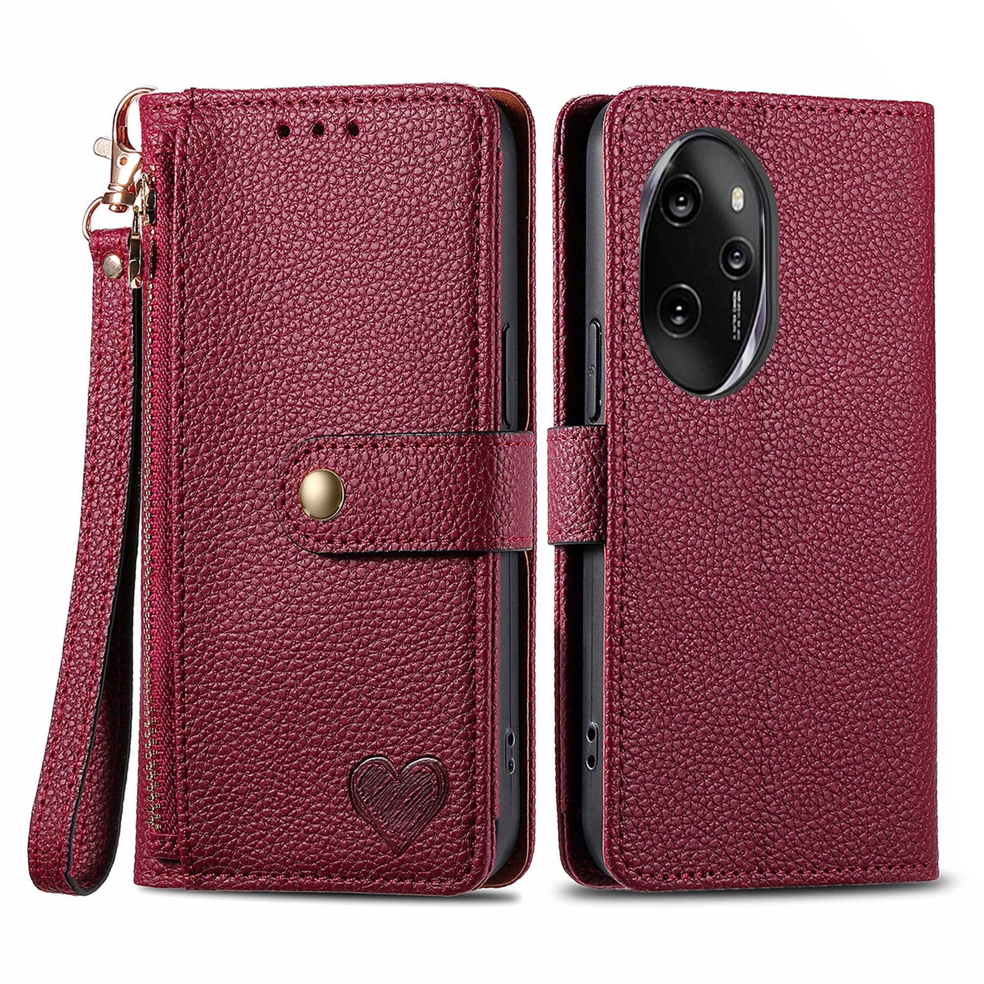 For Honor 100 Pro 5G Case PU Leather Zipper Flip Folio Phone Cover with Wrist Strap