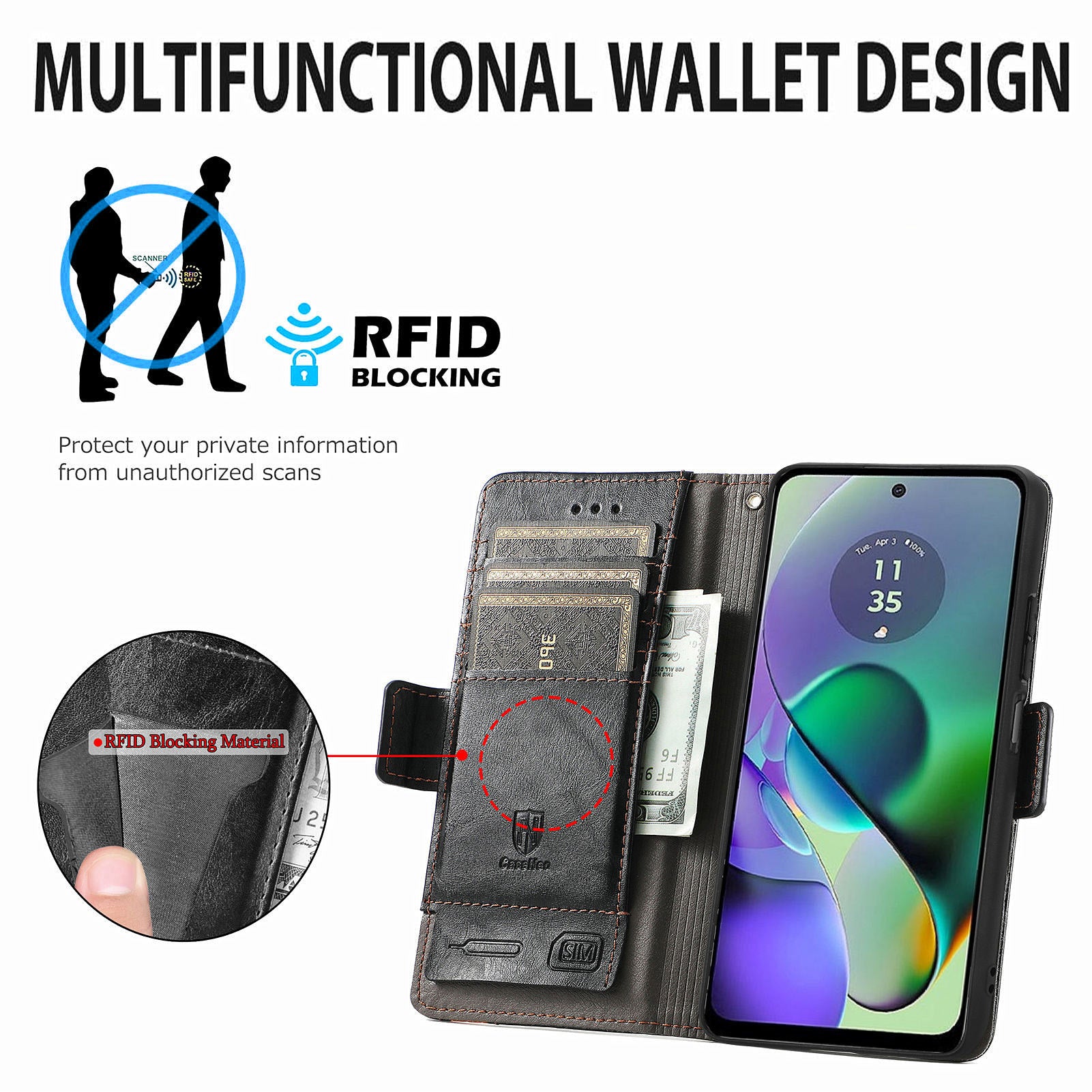 CASENEO 002 Series For Motorola Moto G54 5G Wallet Case RFID Blocking PU Leather Flip Phone Cover