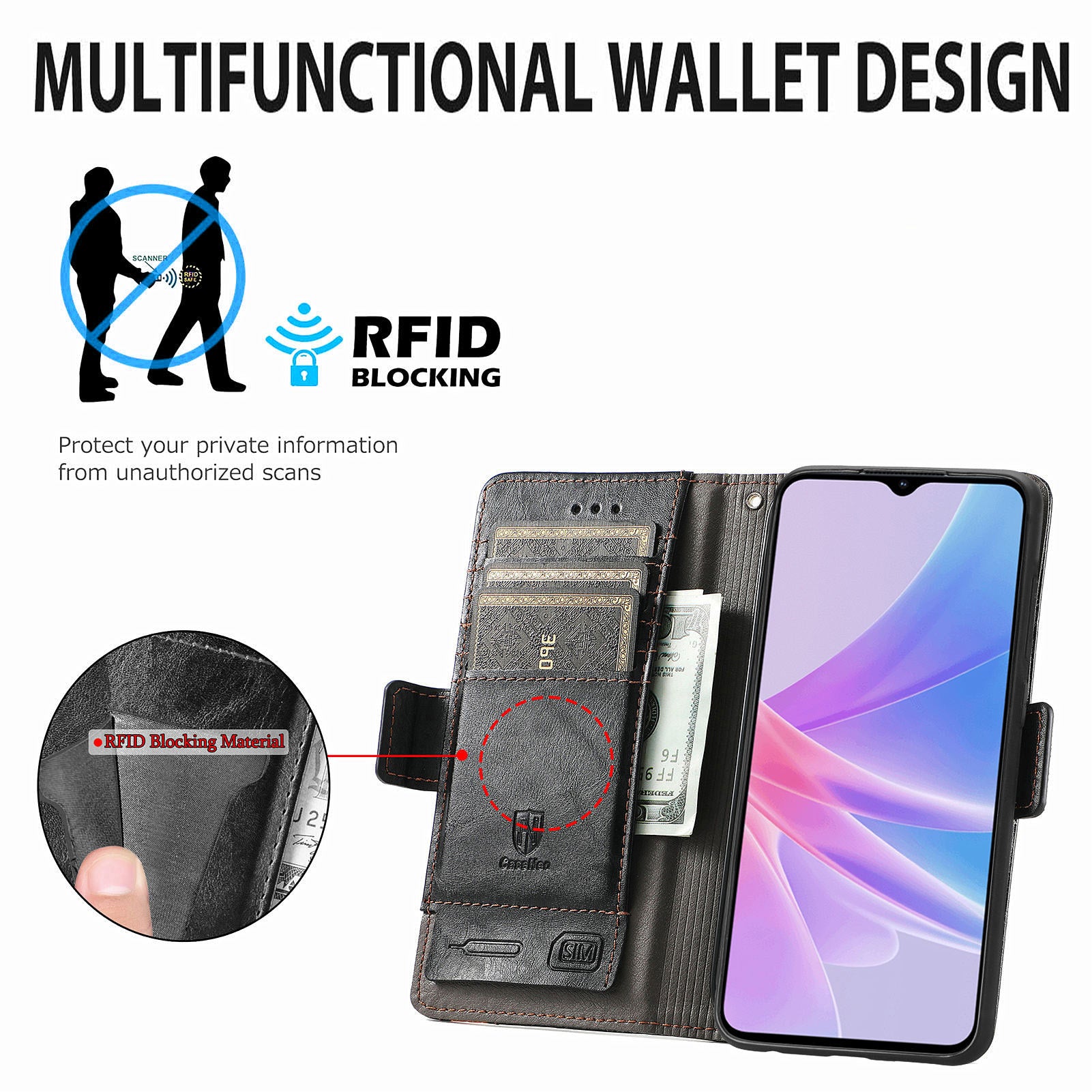CASENEO 002 Series For Oppo A58 4G Wallet Phone Case RFID Blocking PU Leather Folio Flip Cover