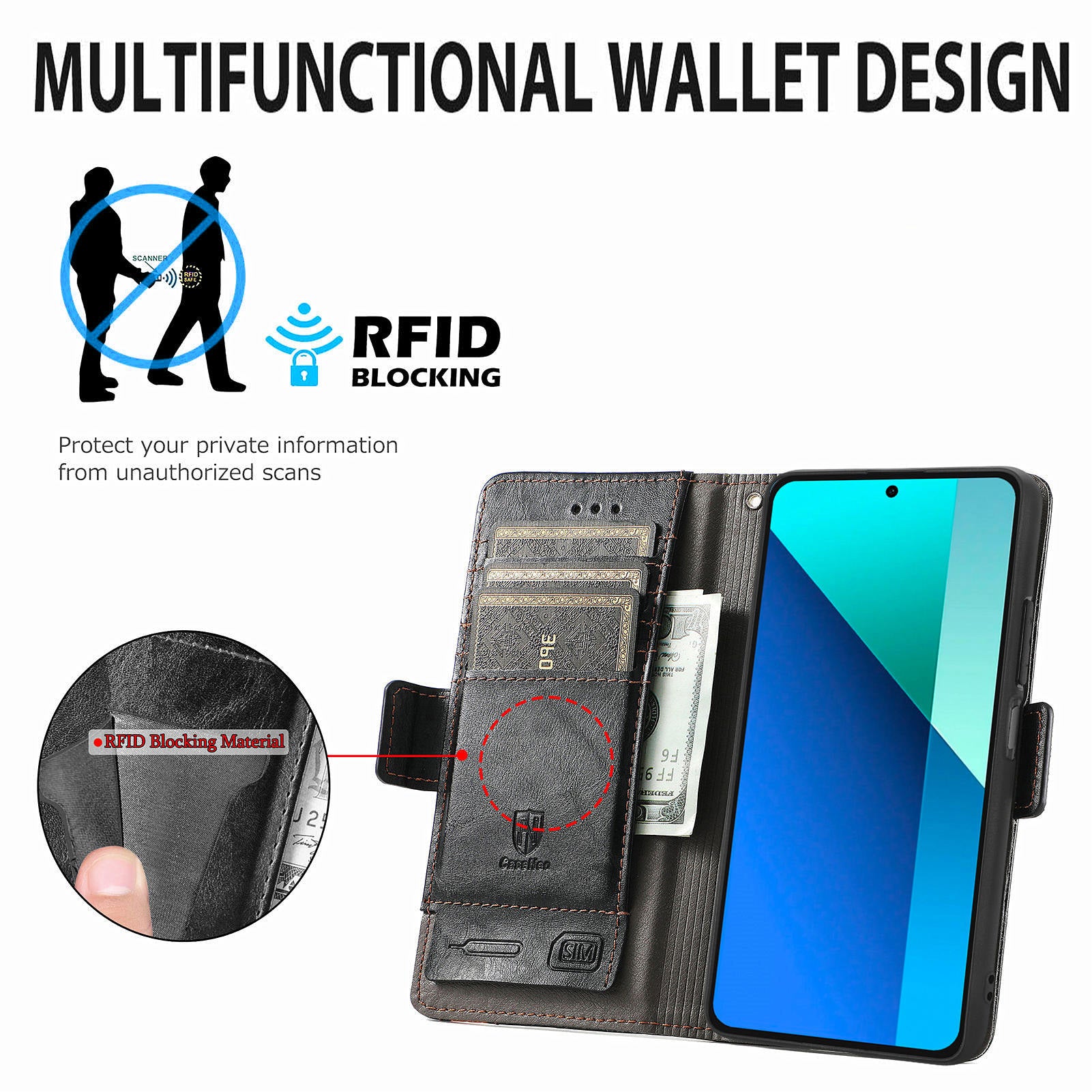CASENEO 002 Series For Xiaomi Redmi Note 13 4G PU Leather Case RFID Blocking Wallet Phone Cover