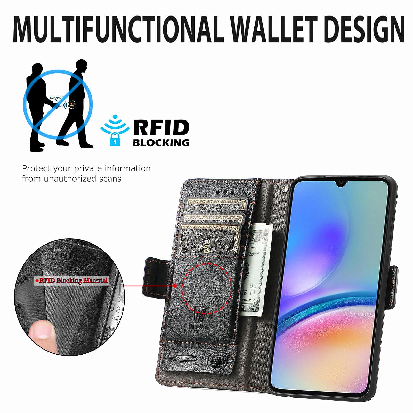 CASENEO 002 Series For Samsung Galaxy A05s 4G Case RFID Blocking PU Leather Flip Phone Cover