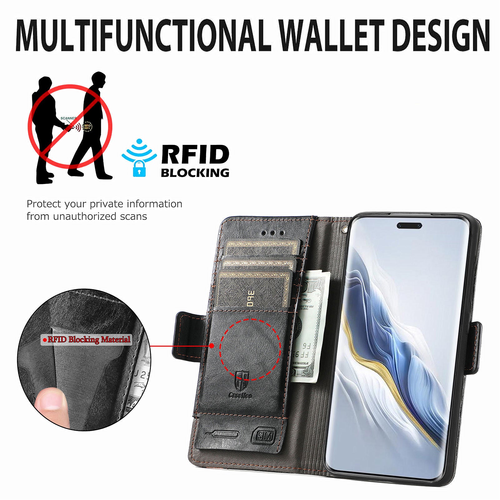 CASENEO 002 Series For Honor Magic6 Pro 5G Leather Case RFID Blocking Wallet Splicing Phone Cover