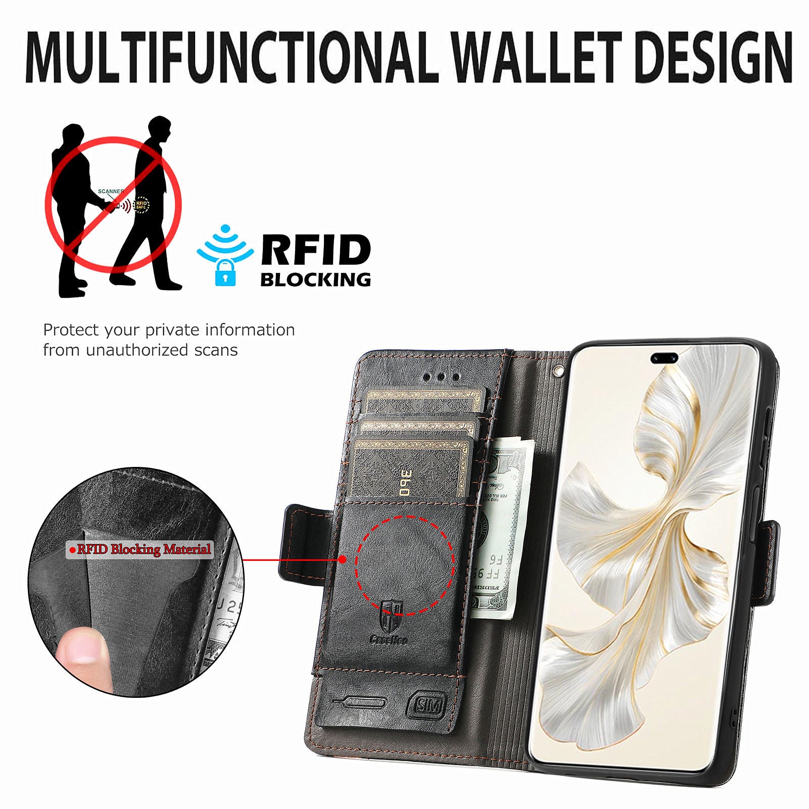 CASENEO 002 Series For Honor 100 Pro 5G Wallet Case RFID Blocking PU Leather Phone Cover