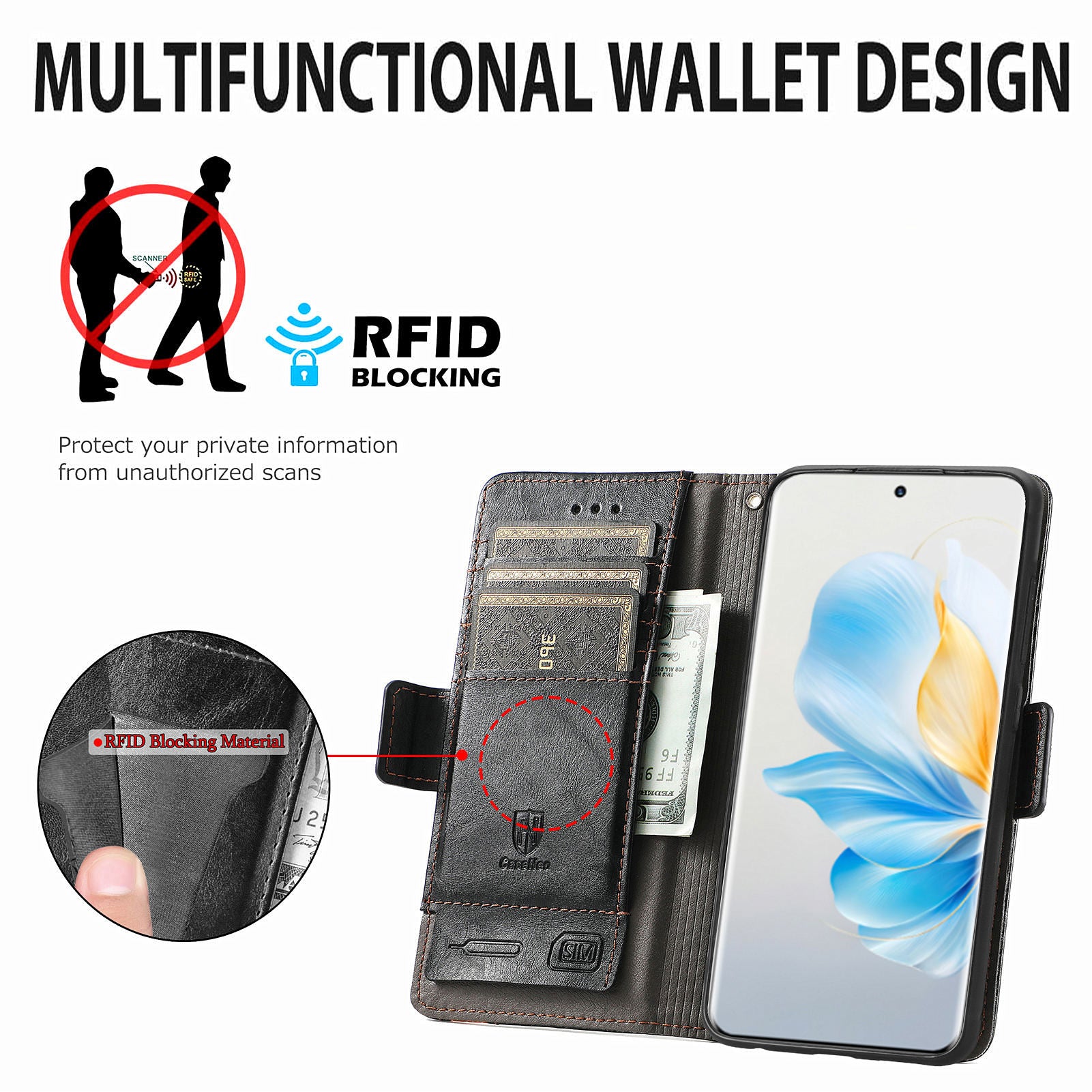 CASENEO 002 Series For Honor 100 5G Case RFID Blocking Leather Stand Phone Cover