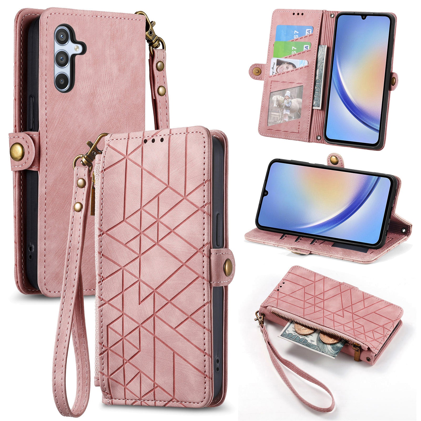 For Samsung Galaxy A35 5G Case Geometry Imprinted Leather Cover with Zipper Pocket Wallet