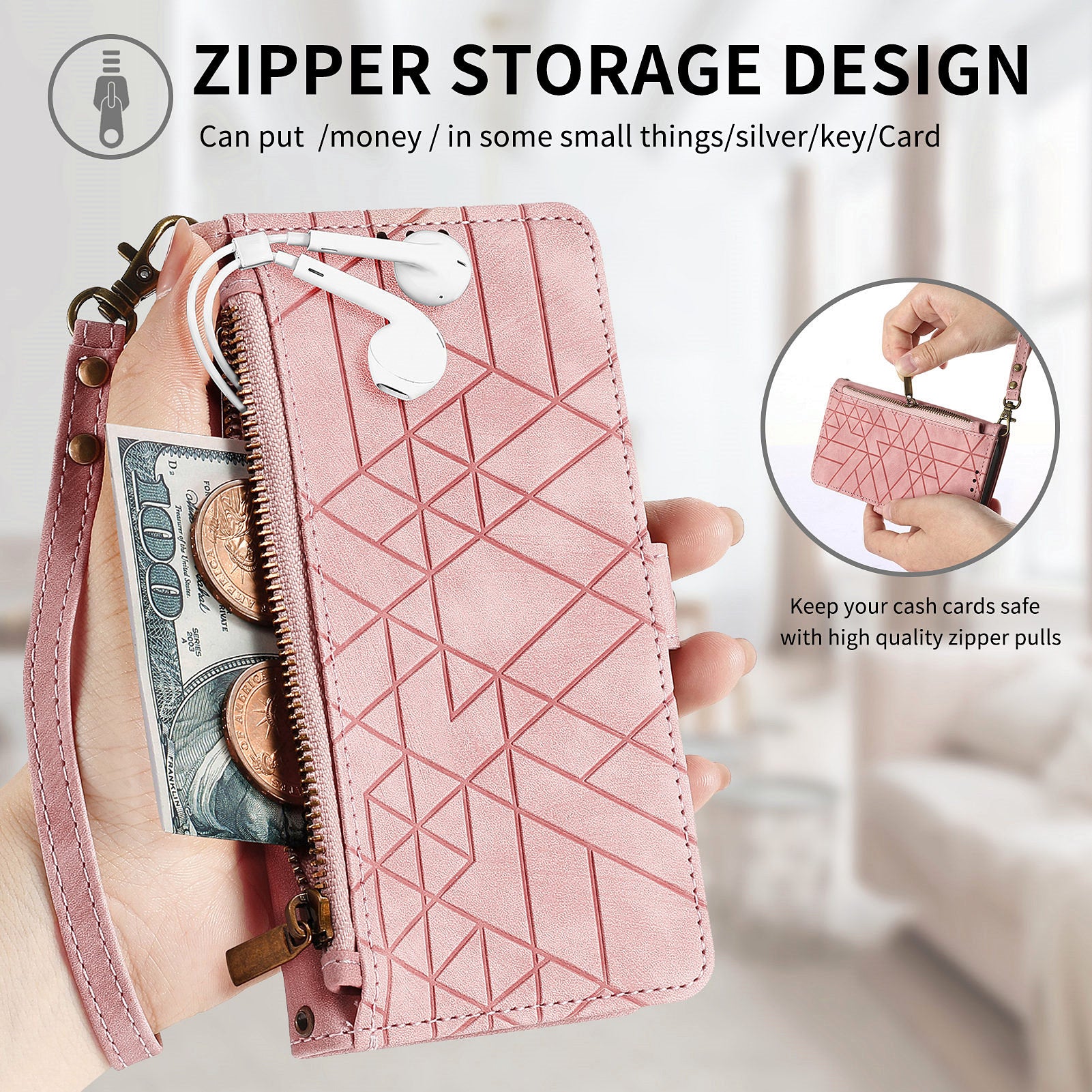 For Samsung Galaxy A35 5G Case Geometry Imprinted Leather Cover with Zipper Pocket Wallet