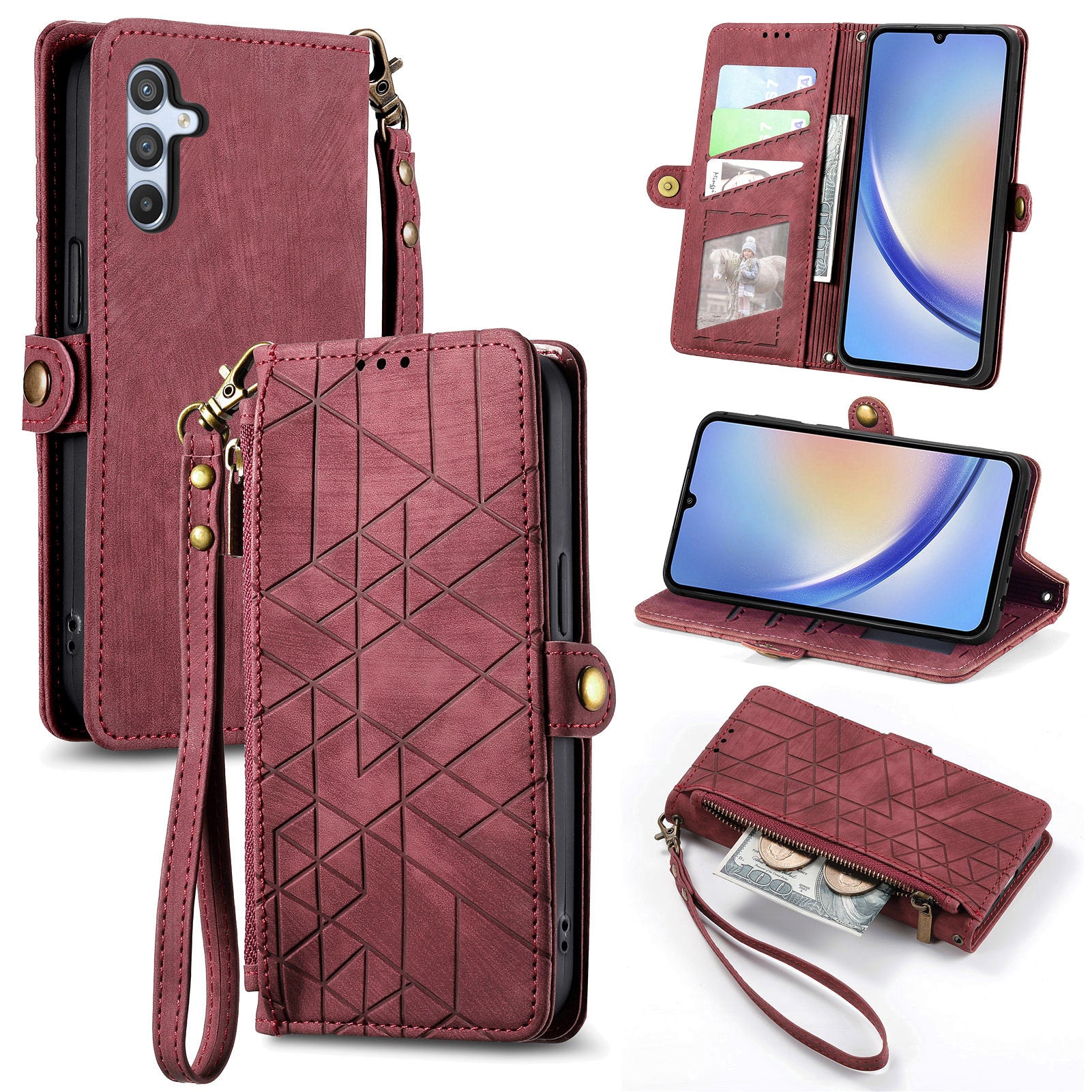 For Samsung Galaxy A35 5G Case Geometry Imprinted Leather Cover with Zipper Pocket Wallet