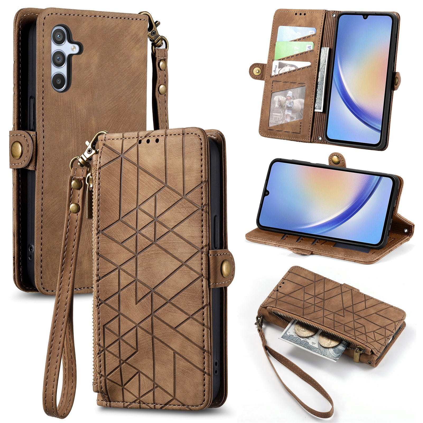 For Samsung Galaxy A55 5G Case Geometry Zipper Wallet Phone Leather Cover
