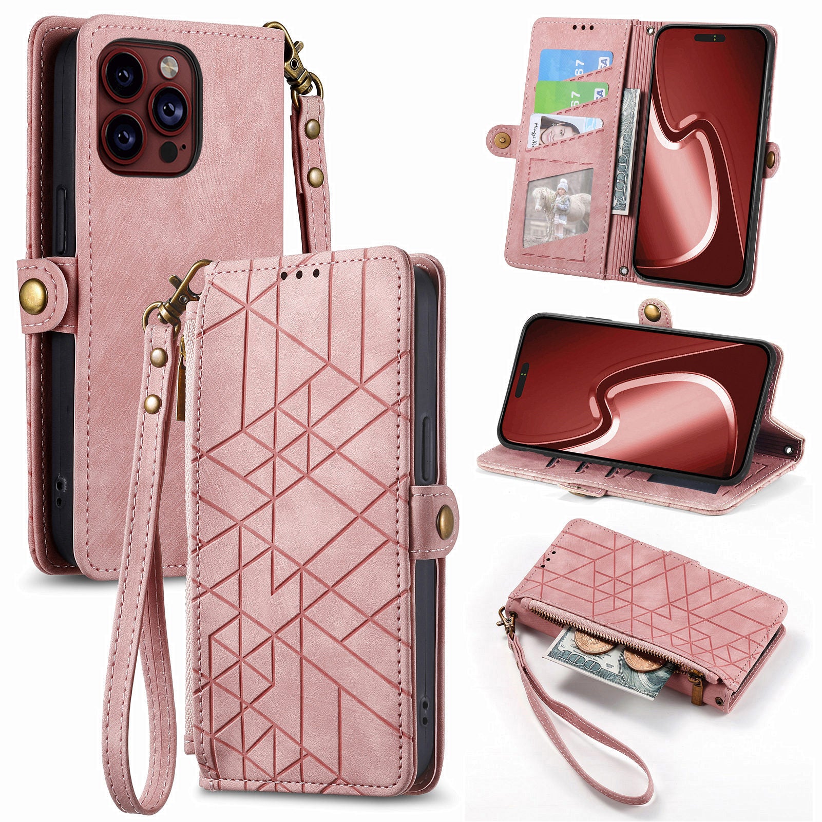 For iPhone 13 Pro Case Geometry Zipper Stand Wallet Anti-Scratch Phone Cover with Wrist Strap
