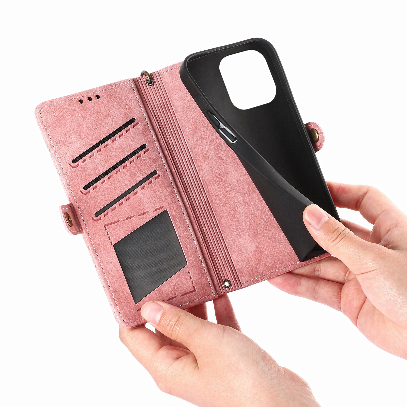 For iPhone 13 Pro Case Geometry Zipper Stand Wallet Anti-Scratch Phone Cover with Wrist Strap