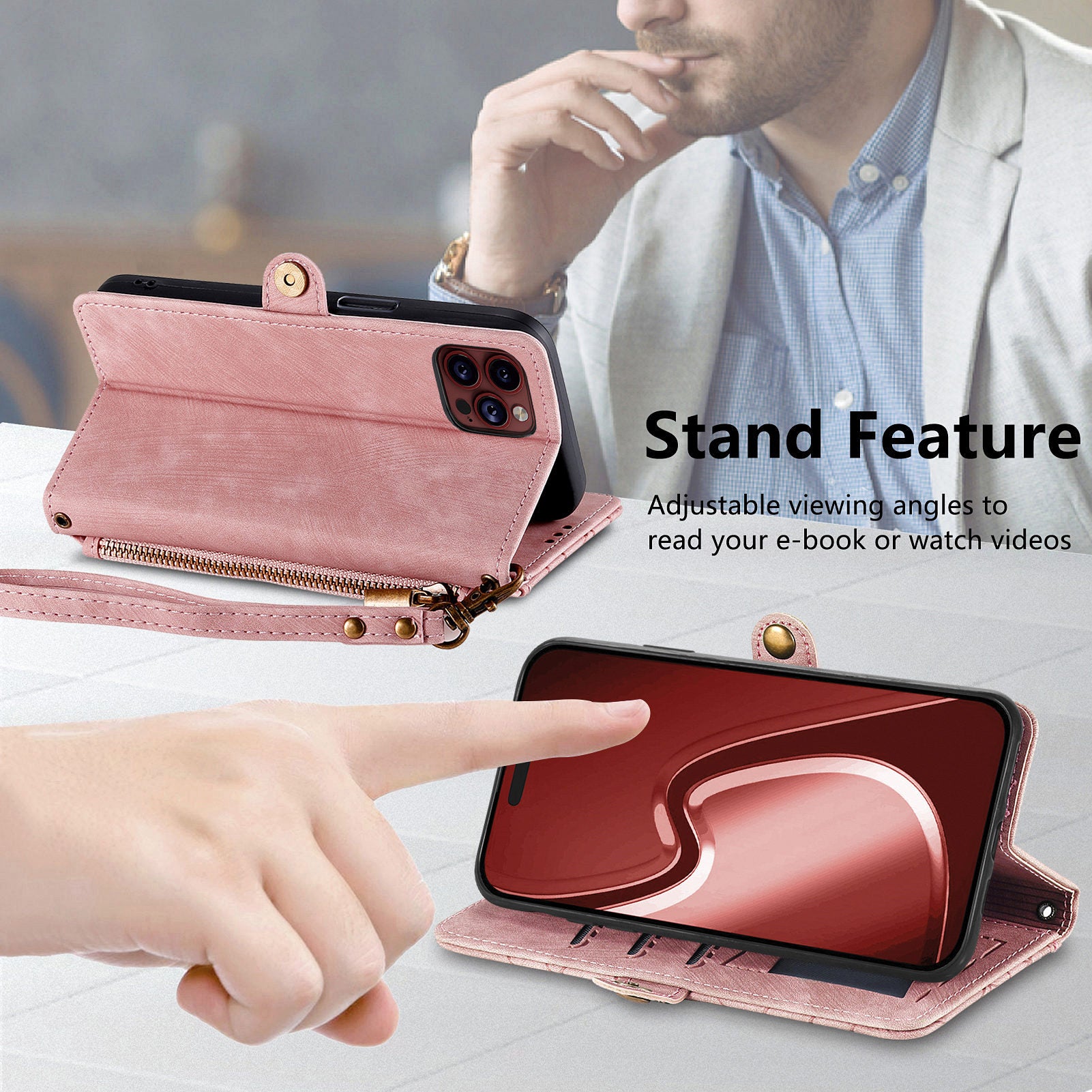 For iPhone 13 Pro Case Geometry Zipper Stand Wallet Anti-Scratch Phone Cover with Wrist Strap