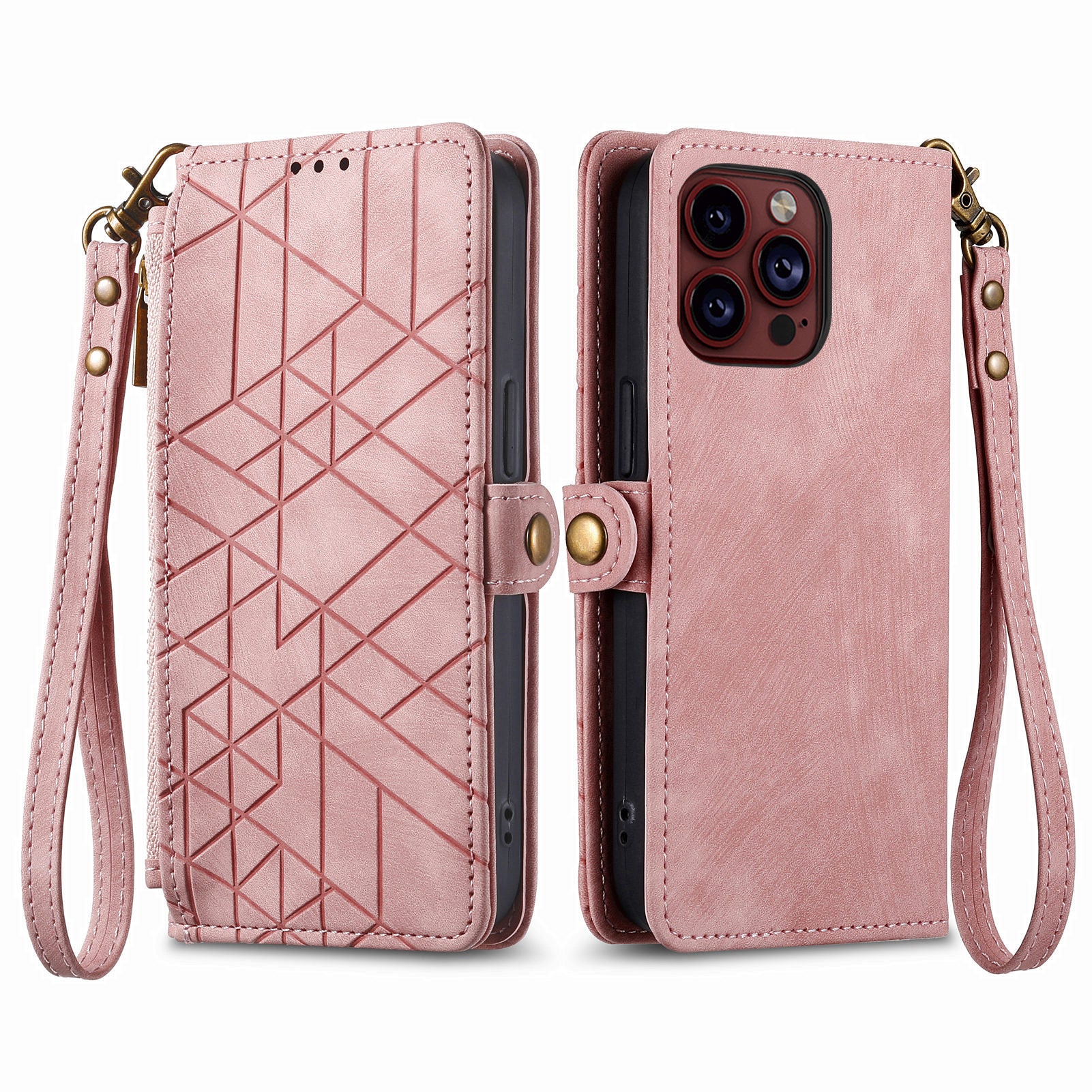 For iPhone 13 Pro Case Geometry Zipper Stand Wallet Anti-Scratch Phone Cover with Wrist Strap