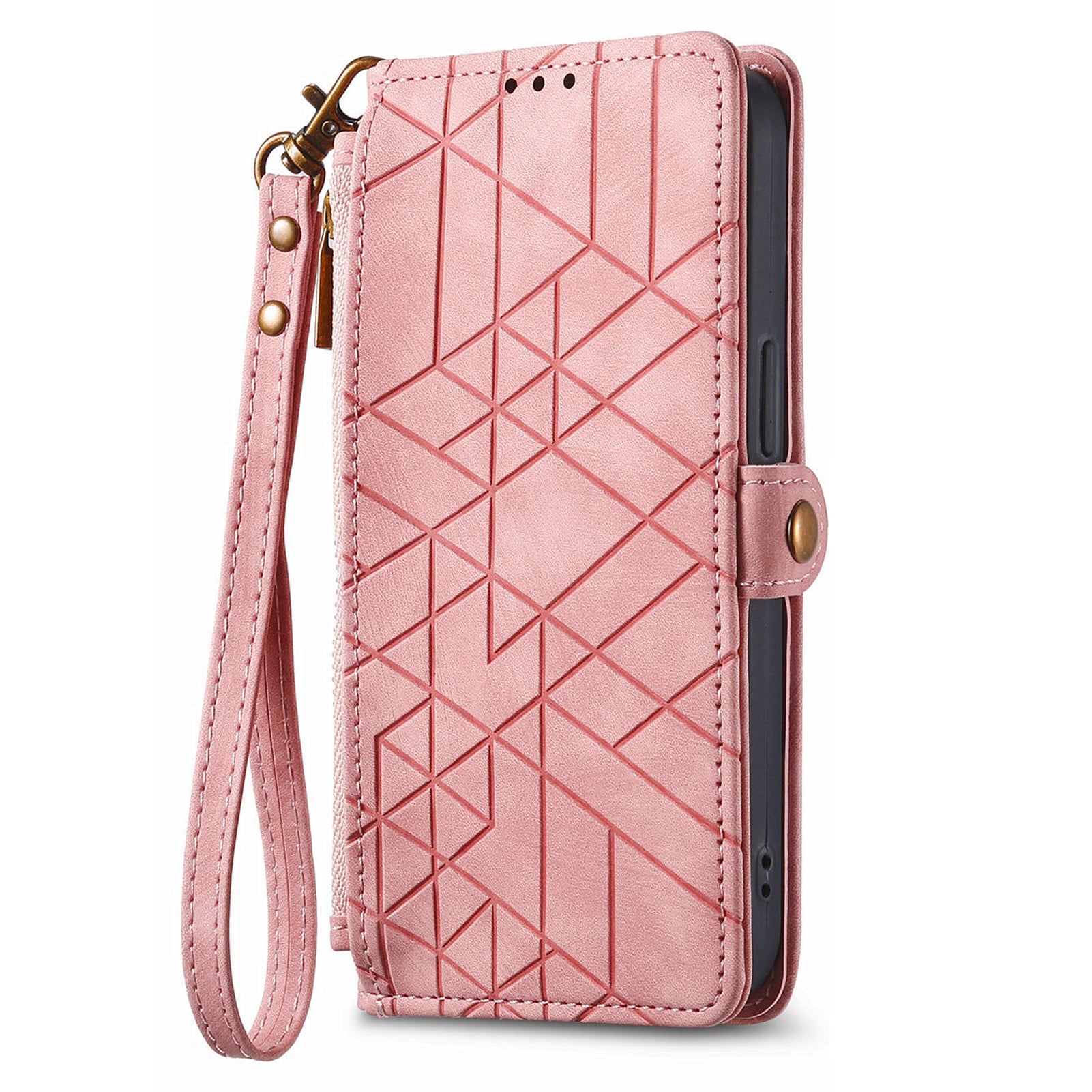For iPhone 13 Pro Case Geometry Zipper Stand Wallet Anti-Scratch Phone Cover with Wrist Strap