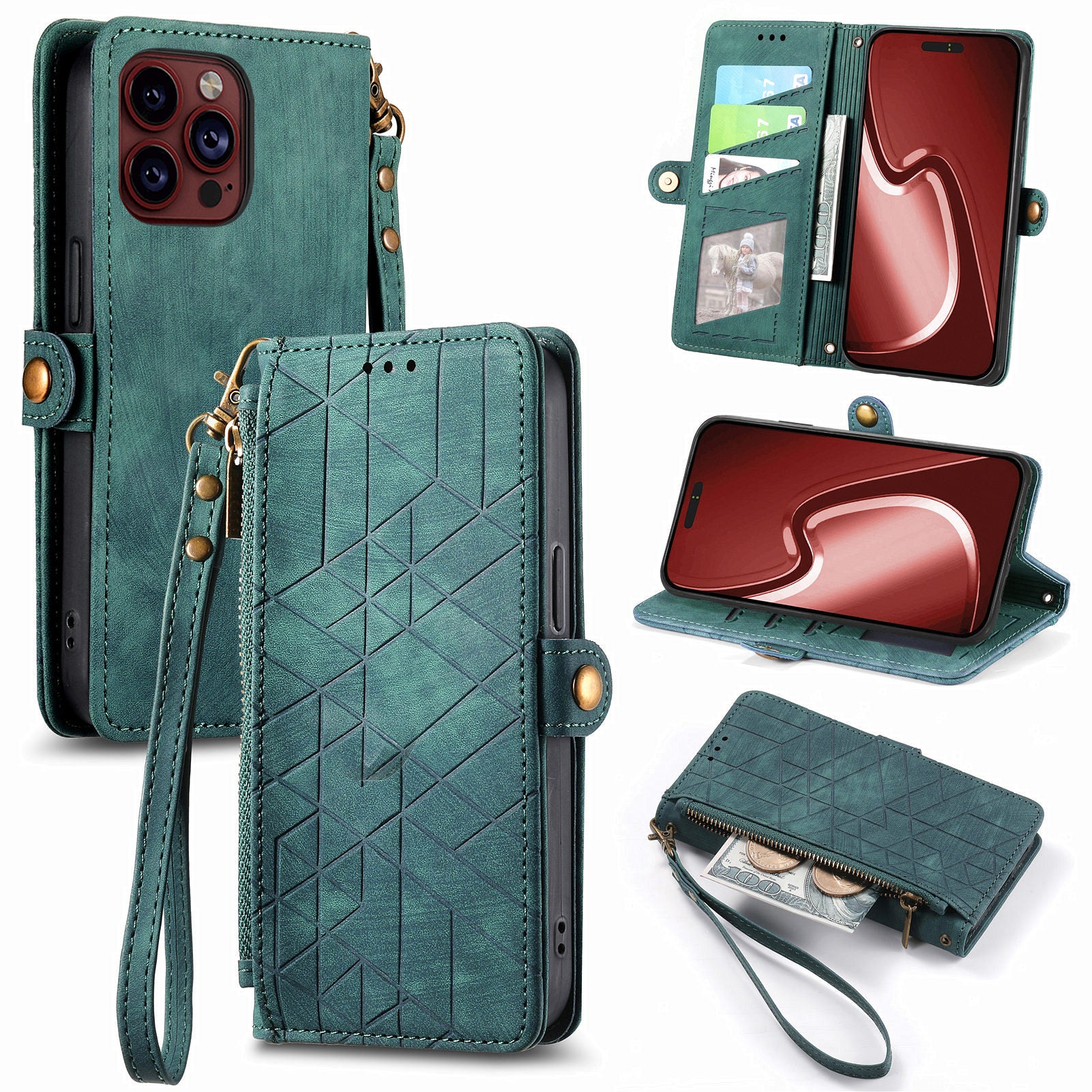 For iPhone 13 Pro Case Geometry Zipper Stand Wallet Anti-Scratch Phone Cover with Wrist Strap