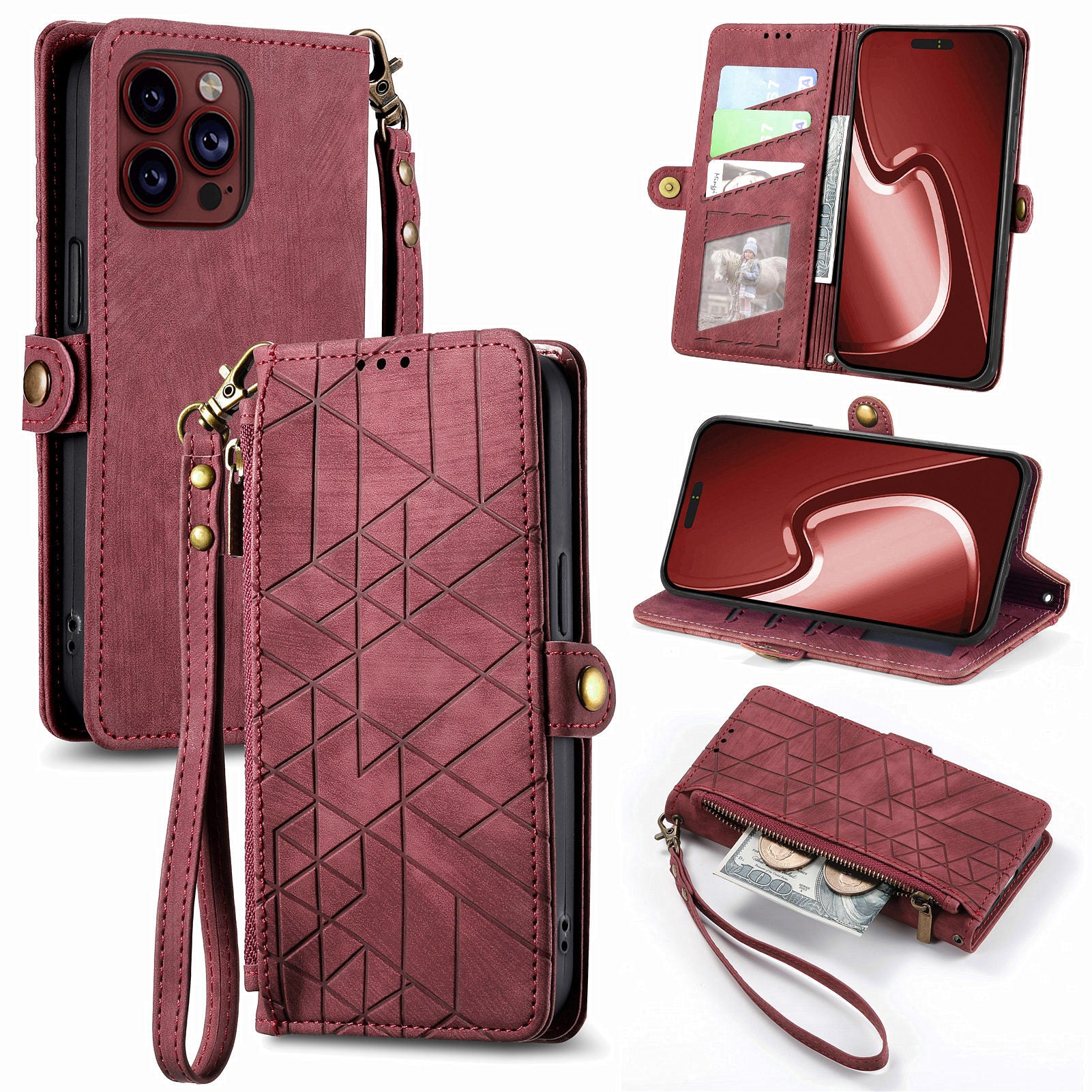 For iPhone 13 Pro Case Geometry Zipper Stand Wallet Anti-Scratch Phone Cover with Wrist Strap
