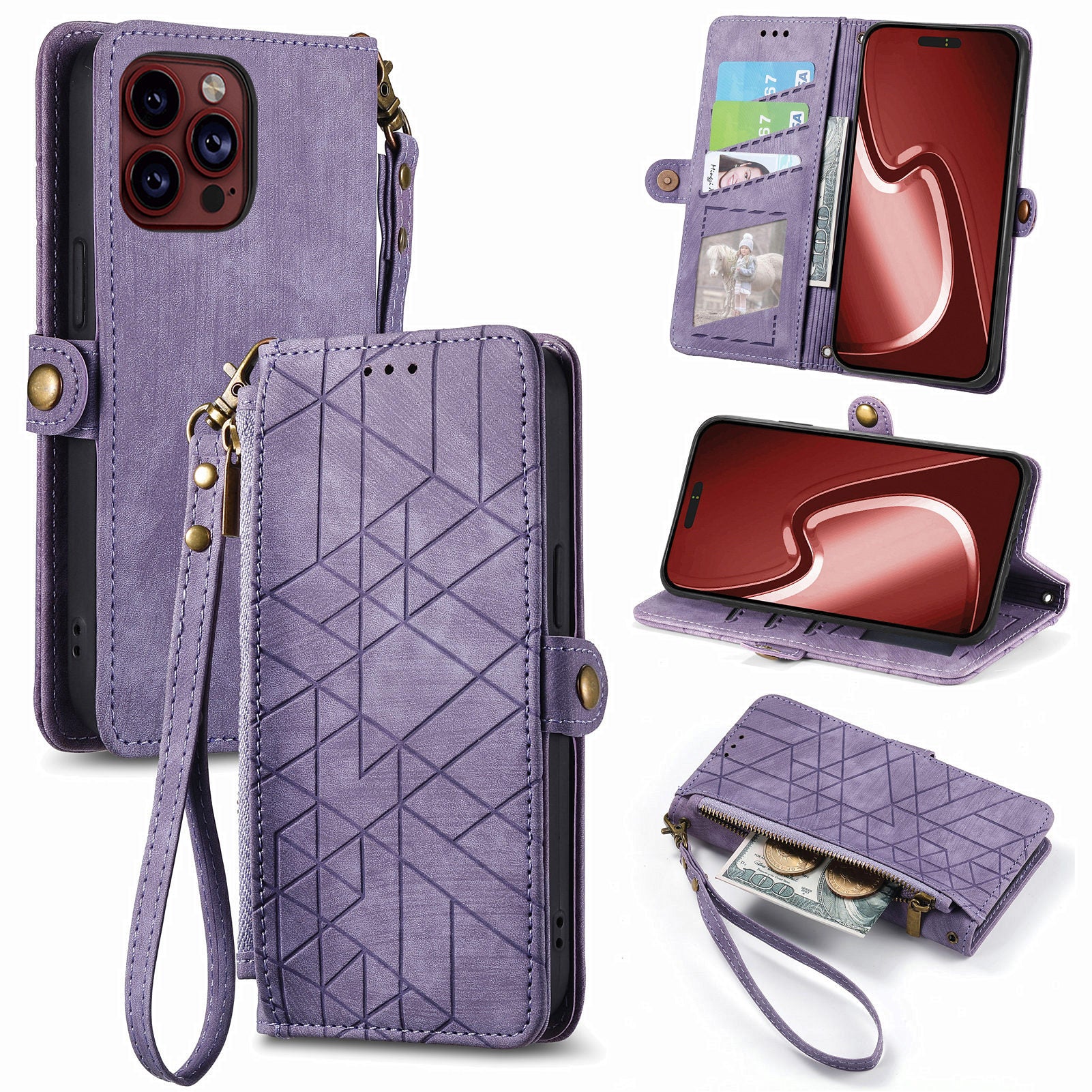 For iPhone 13 Pro Case Geometry Zipper Stand Wallet Anti-Scratch Phone Cover with Wrist Strap