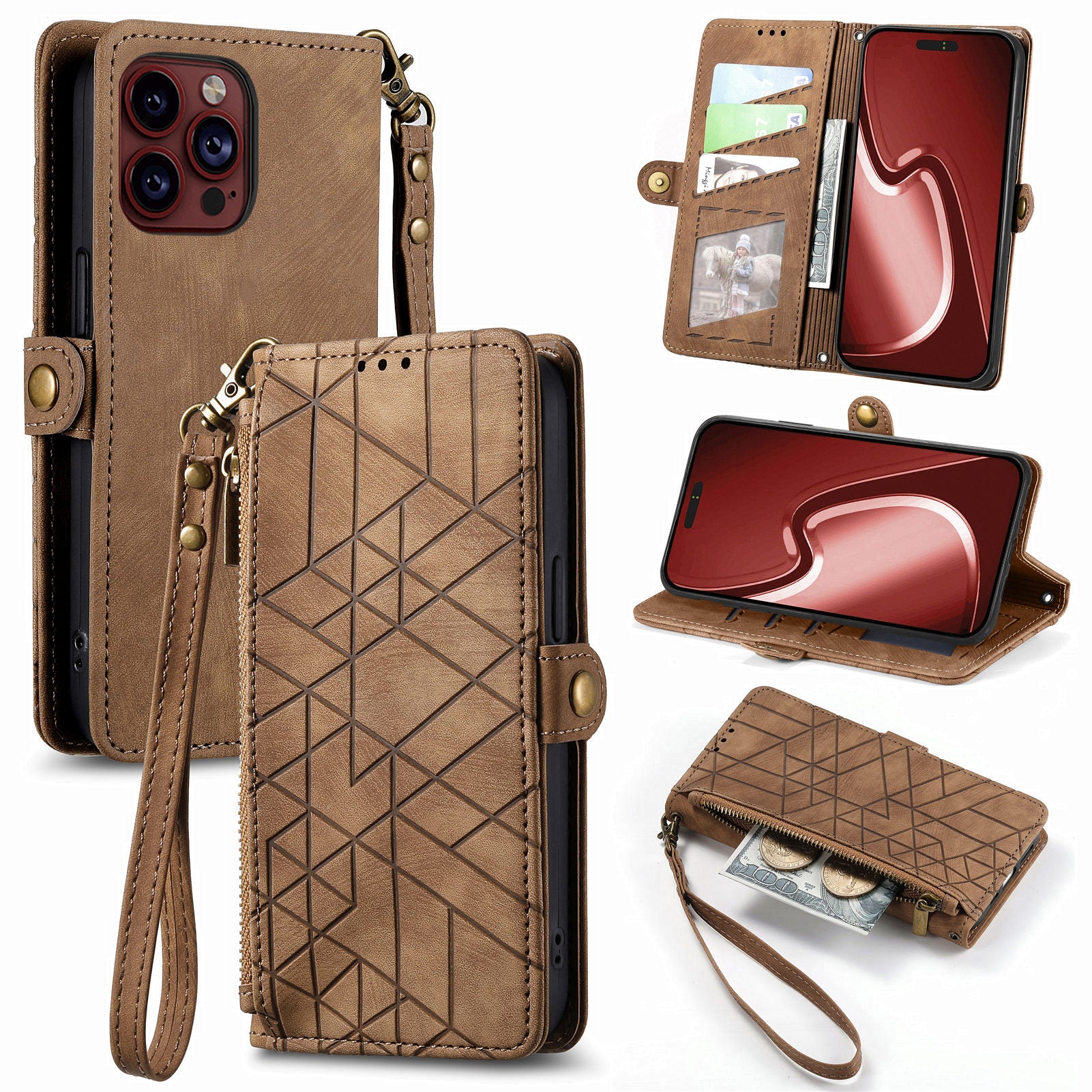 For iPhone 13 Pro Case Geometry Zipper Stand Wallet Anti-Scratch Phone Cover with Wrist Strap