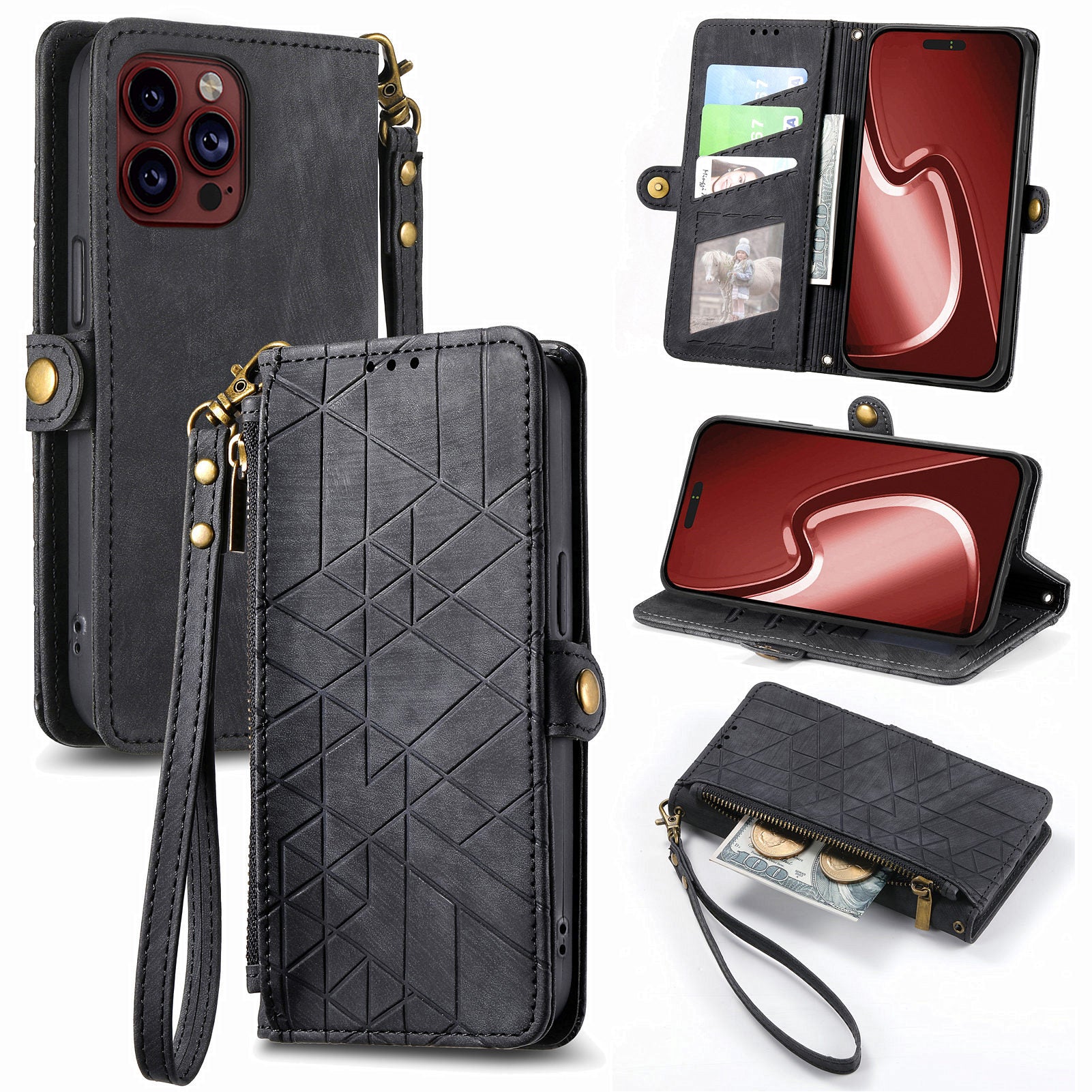 For iPhone 13 Pro Case Geometry Zipper Stand Wallet Anti-Scratch Phone Cover with Wrist Strap