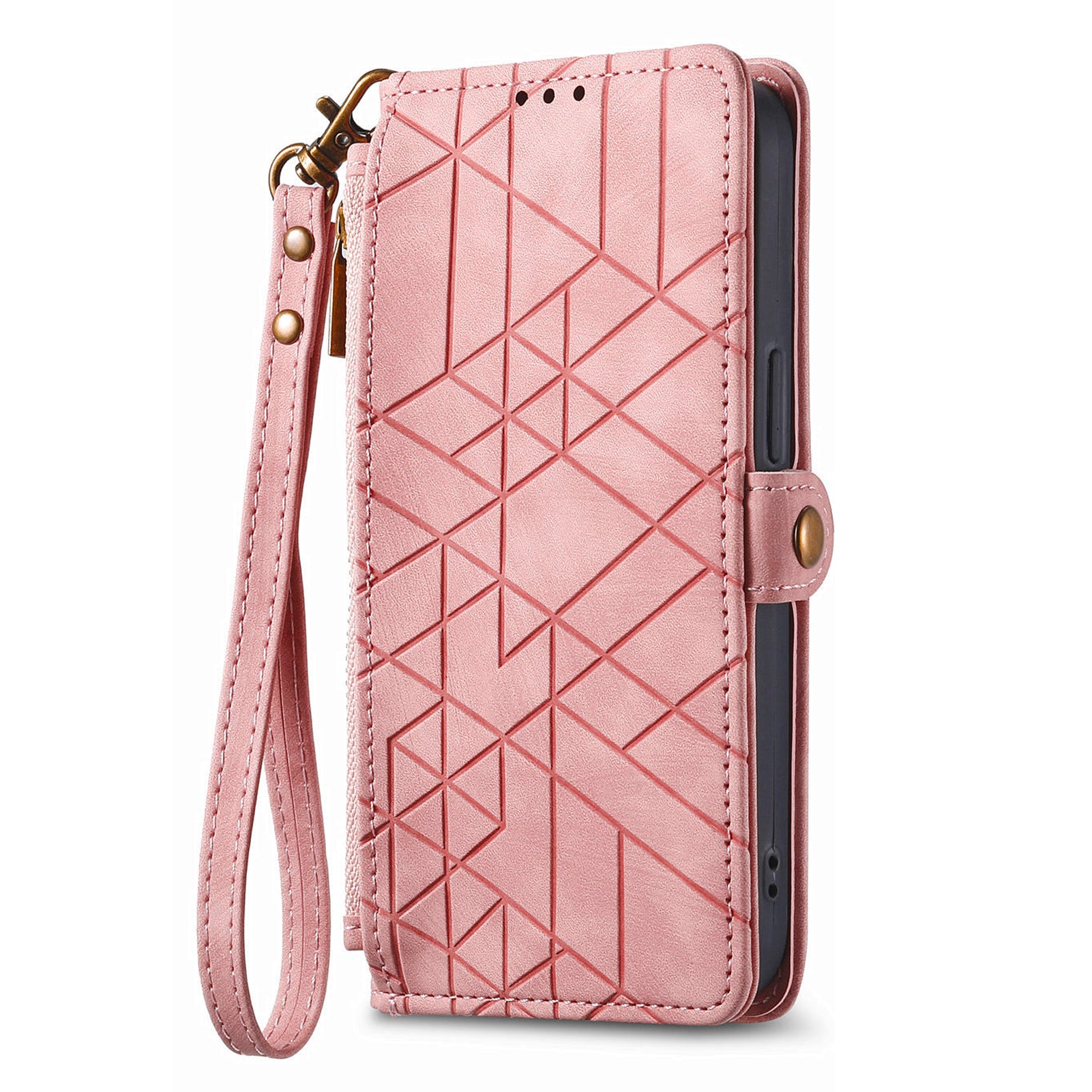 For iPhone 14 Pro Max Geometry Texture Stand Phone Case Wallet Phone Cover with Wrist Strap
