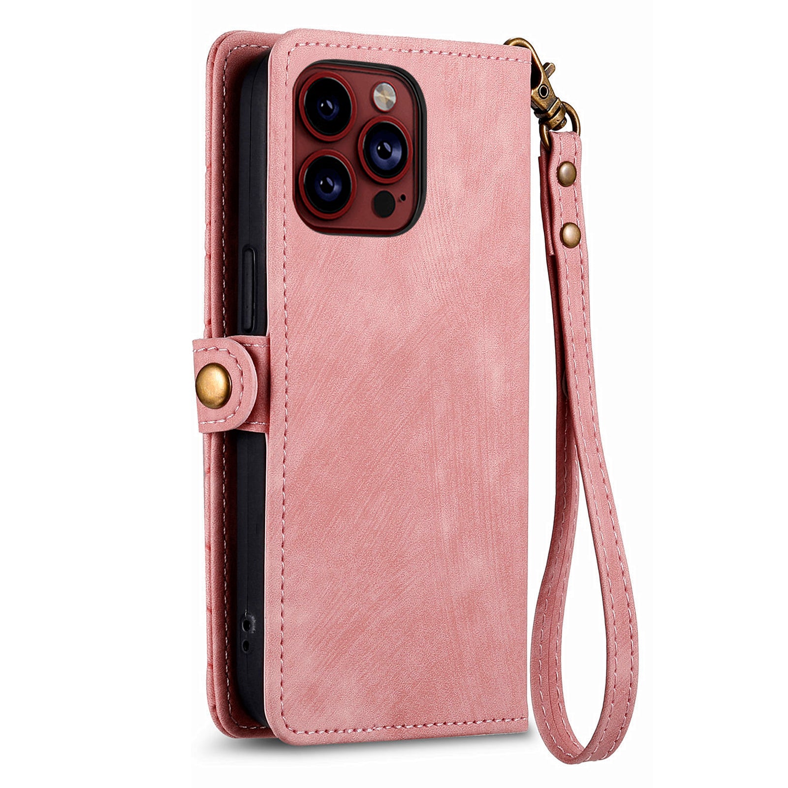 For iPhone 14 Pro Anti-Scratch Phone Cover Geometry Zipper Stand Phone Case Wallet with Wrist Strap
