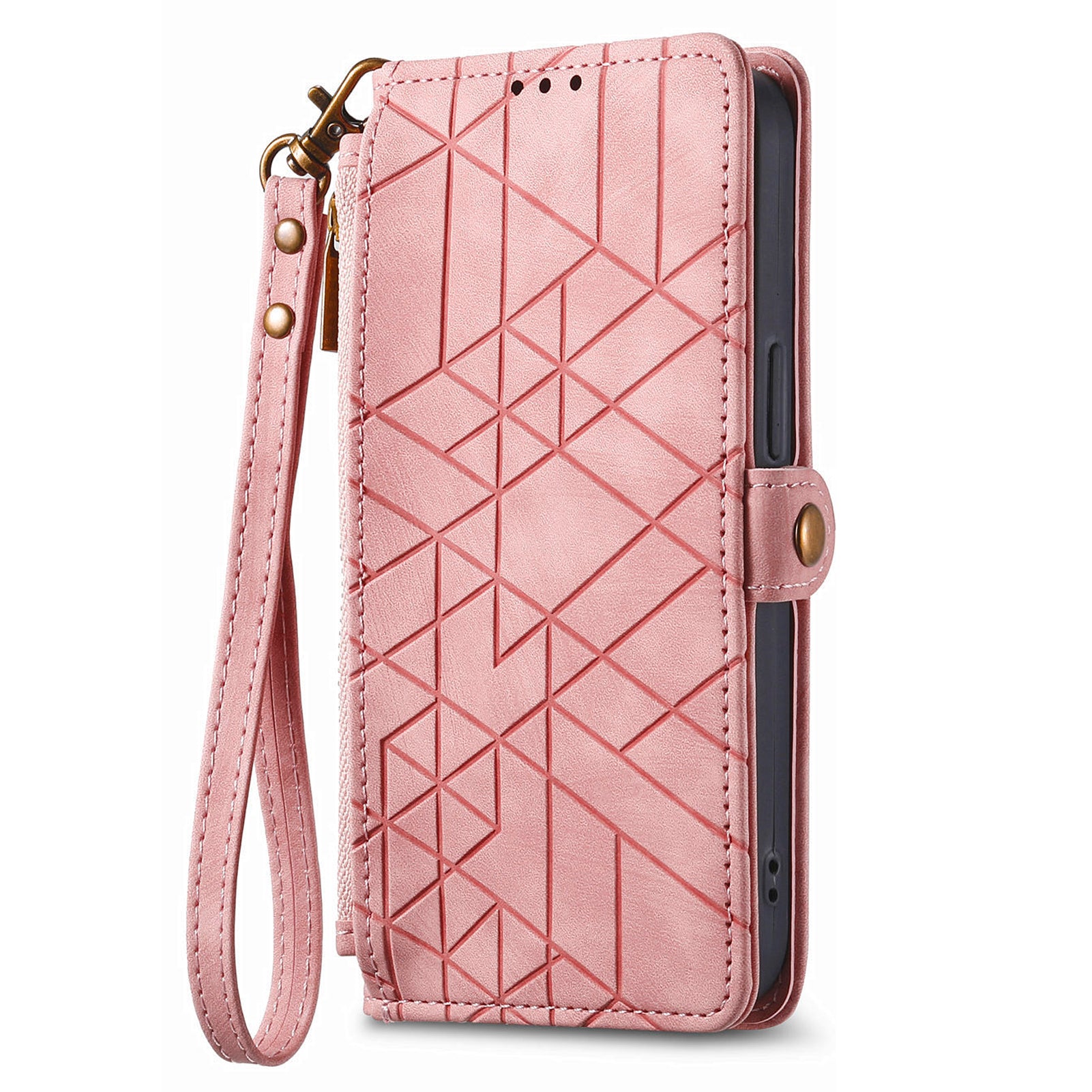 For iPhone 14 Pro Anti-Scratch Phone Cover Geometry Zipper Stand Phone Case Wallet with Wrist Strap