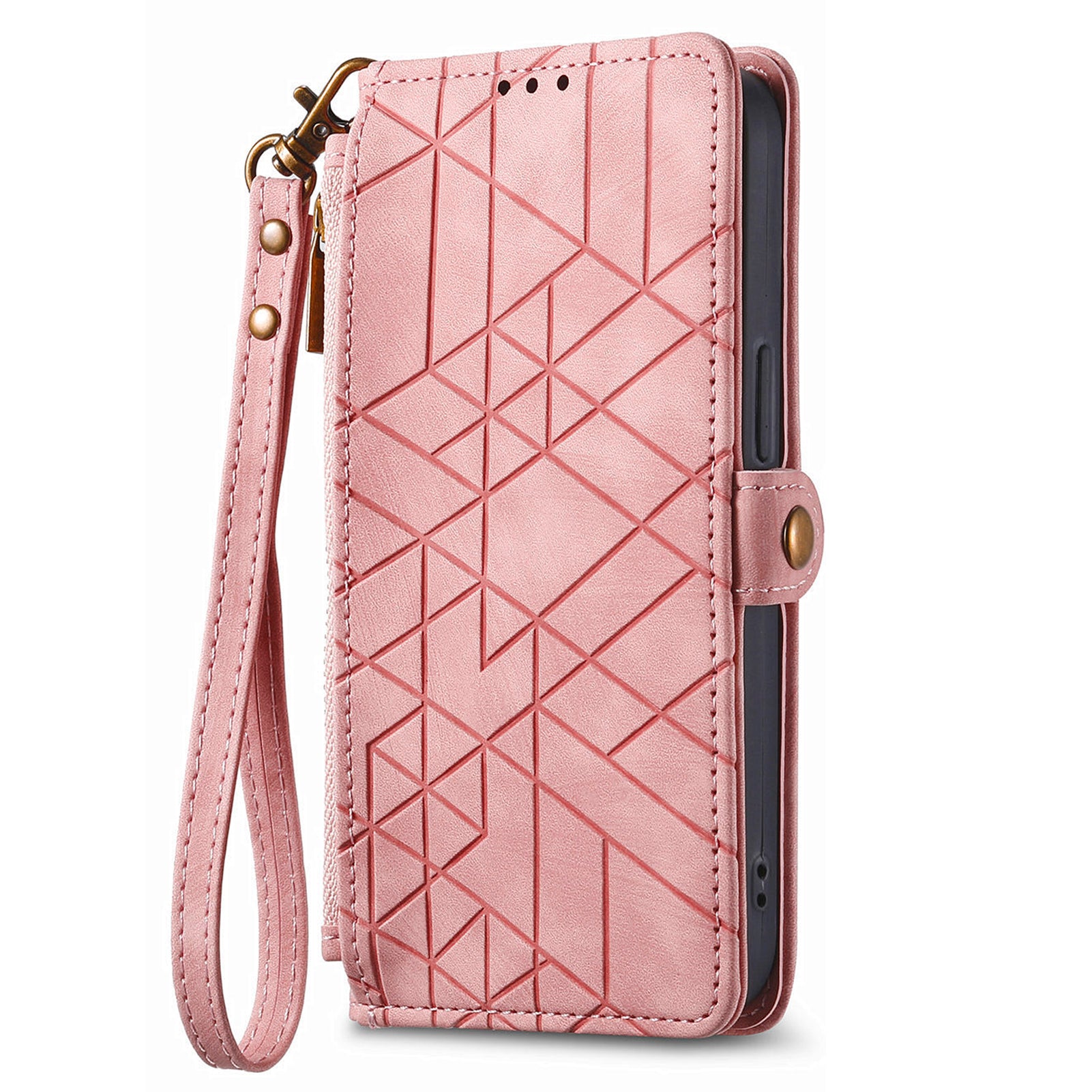For iPhone 13 Pro Max Case Geometry Zipper Anti-Scratch Wallet Phone Cover with Wrist Strap