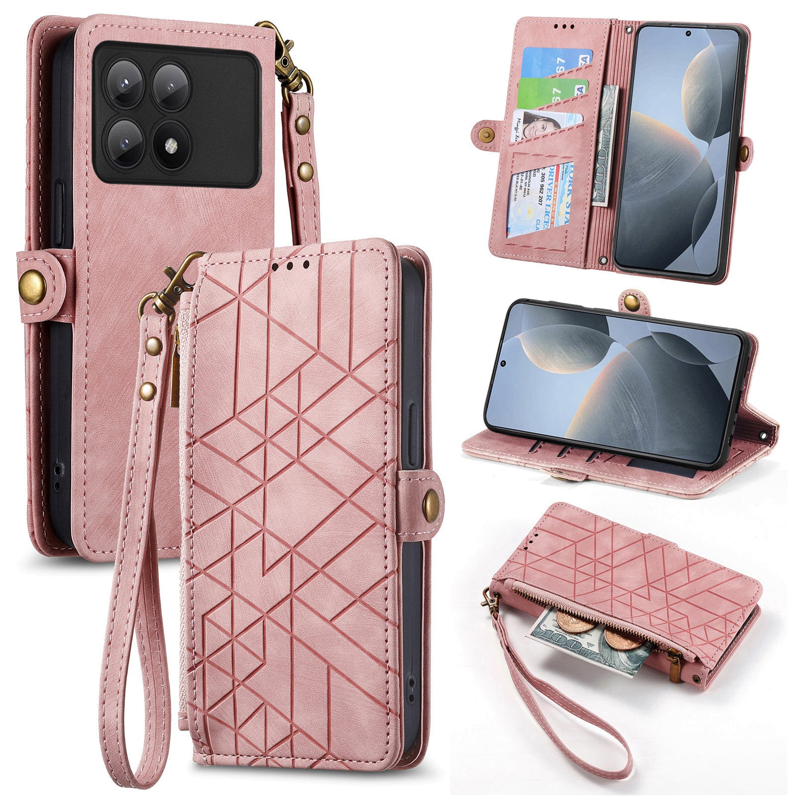 For Xiaomi Redmi K70E 5G / Poco X6 Pro 5G Case Geometry Leather Folio Flip Phone Cover with Wrist Strap