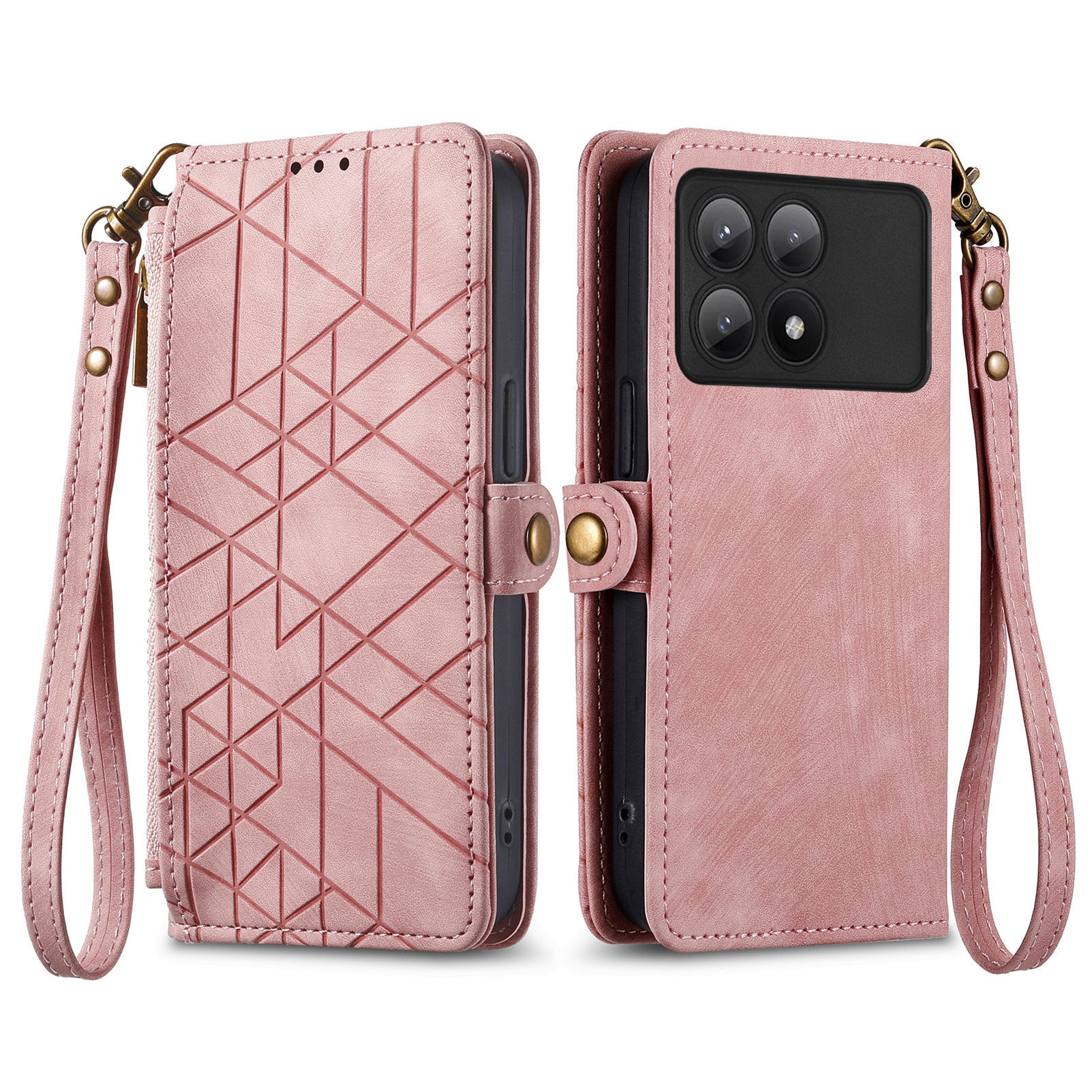 For Xiaomi Redmi K70E 5G / Poco X6 Pro 5G Case Geometry Leather Folio Flip Phone Cover with Wrist Strap