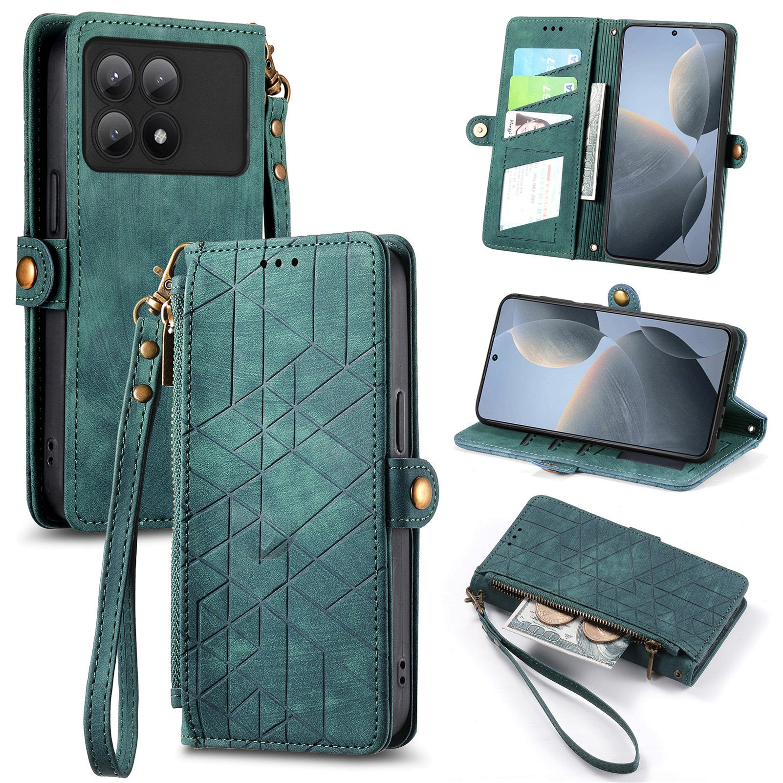 For Xiaomi Redmi K70E 5G / Poco X6 Pro 5G Case Geometry Leather Folio Flip Phone Cover with Wrist Strap
