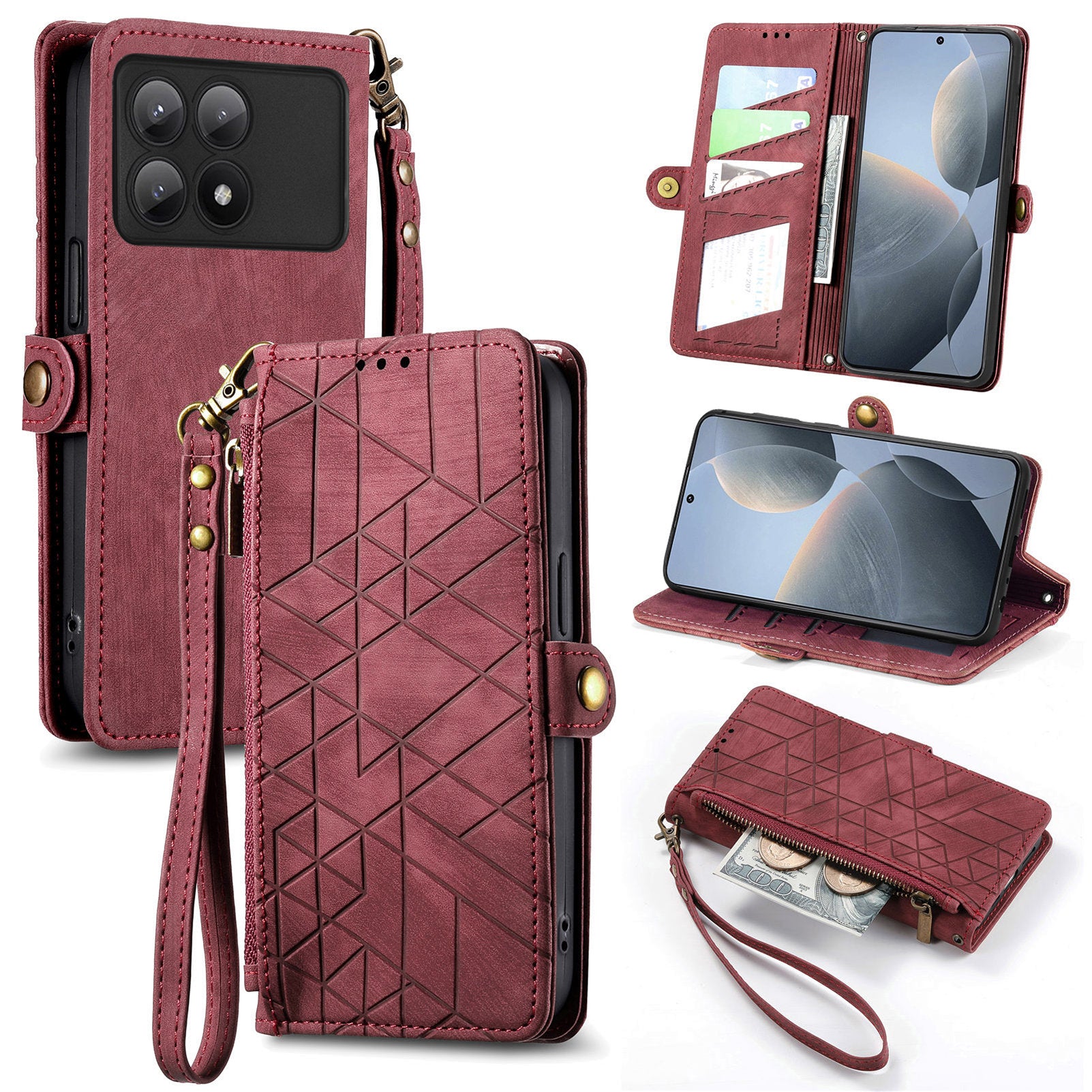 For Xiaomi Redmi K70E 5G / Poco X6 Pro 5G Case Geometry Leather Folio Flip Phone Cover with Wrist Strap