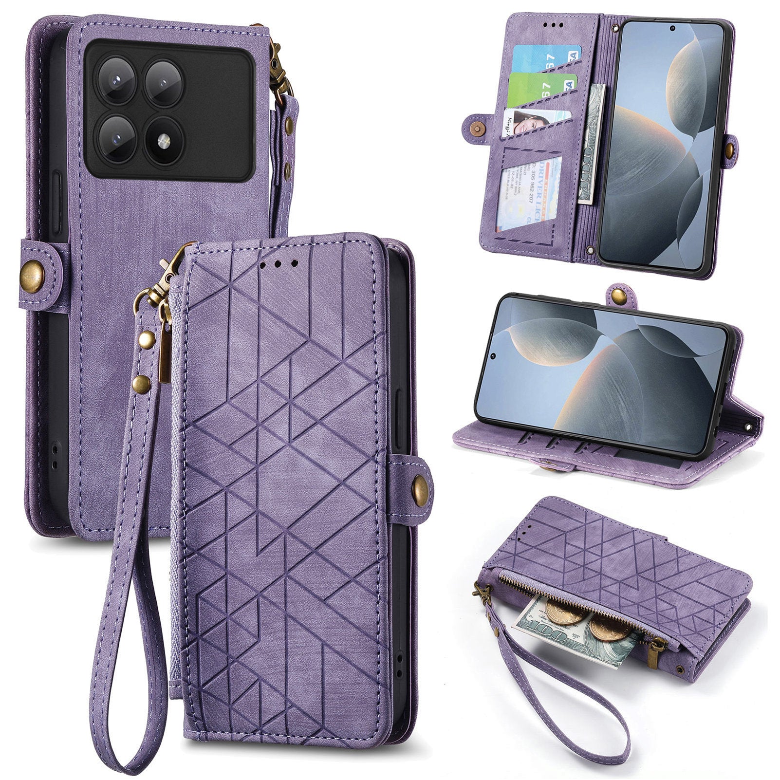 For Xiaomi Redmi K70E 5G / Poco X6 Pro 5G Case Geometry Leather Folio Flip Phone Cover with Wrist Strap
