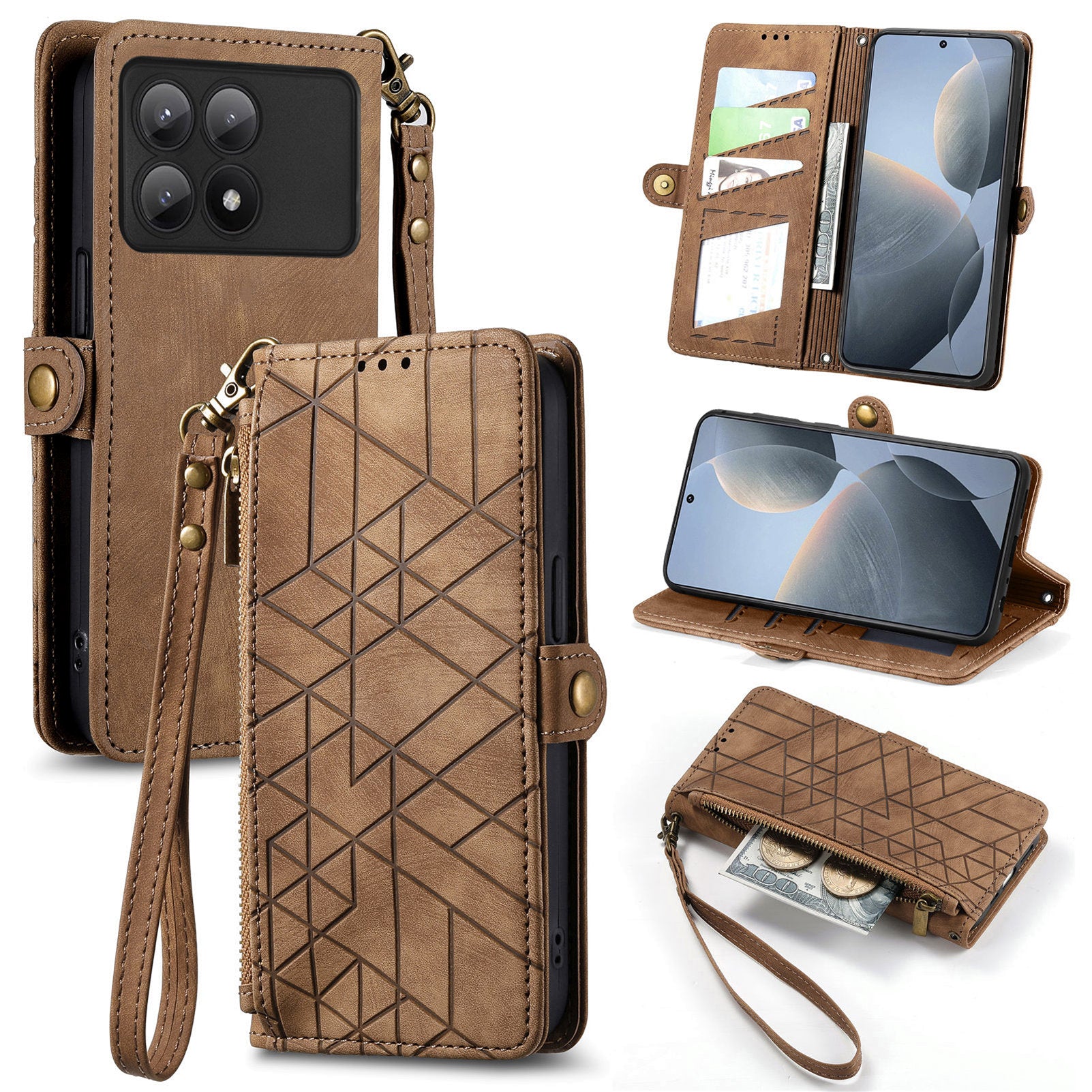 For Xiaomi Redmi K70E 5G / Poco X6 Pro 5G Case Geometry Leather Folio Flip Phone Cover with Wrist Strap
