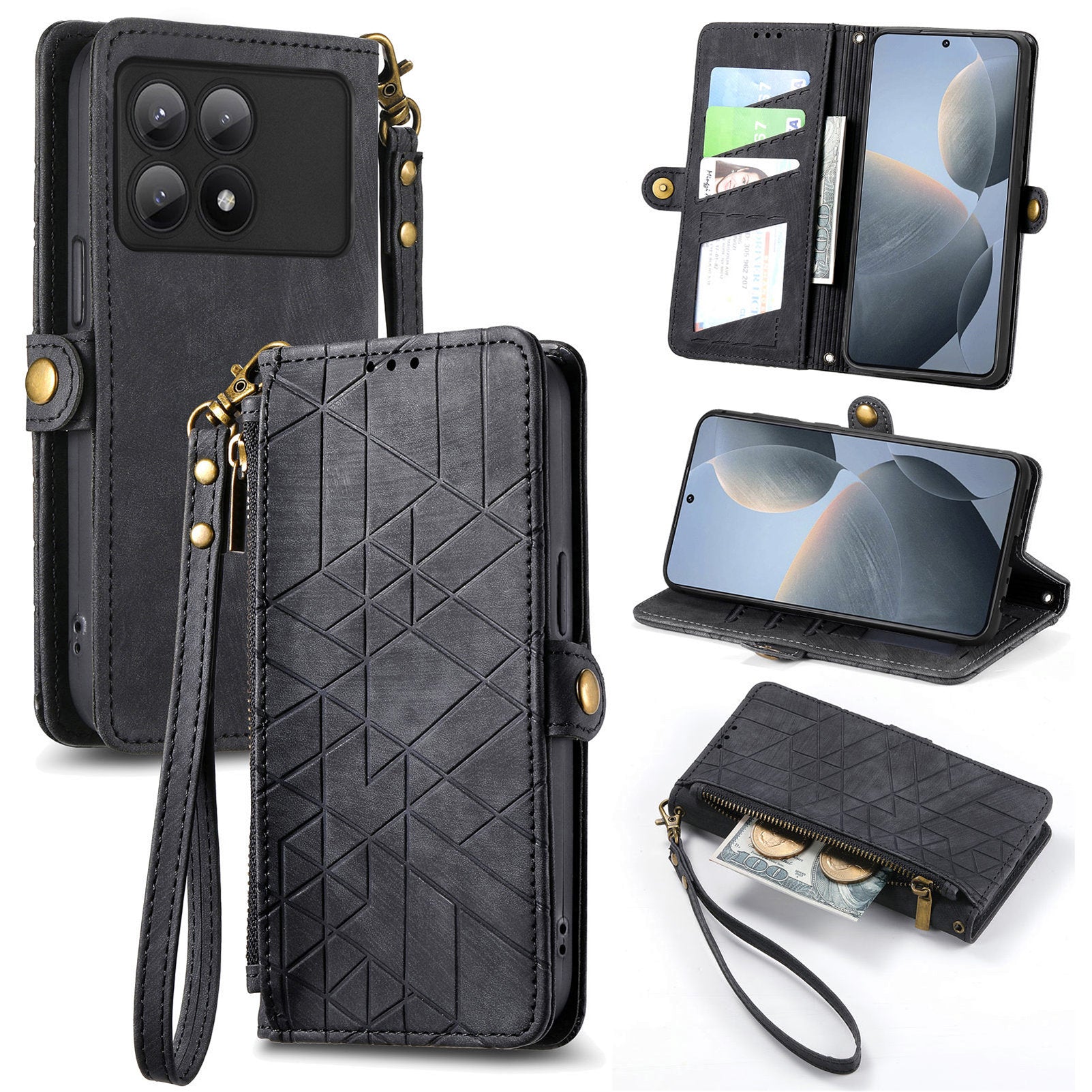 For Xiaomi Redmi K70E 5G / Poco X6 Pro 5G Case Geometry Leather Folio Flip Phone Cover with Wrist Strap