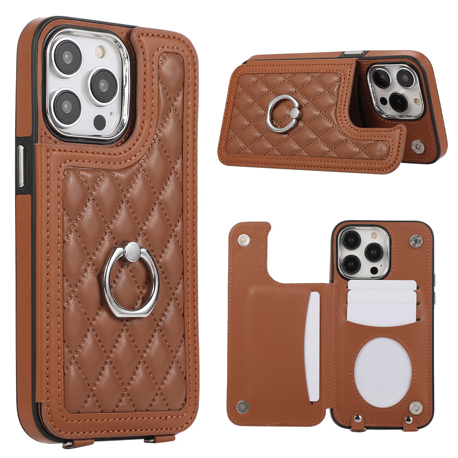 For iPhone 13 Pro Max Crossbody Case Leather Coated TPU Card Holder Kickstand Phone Cover