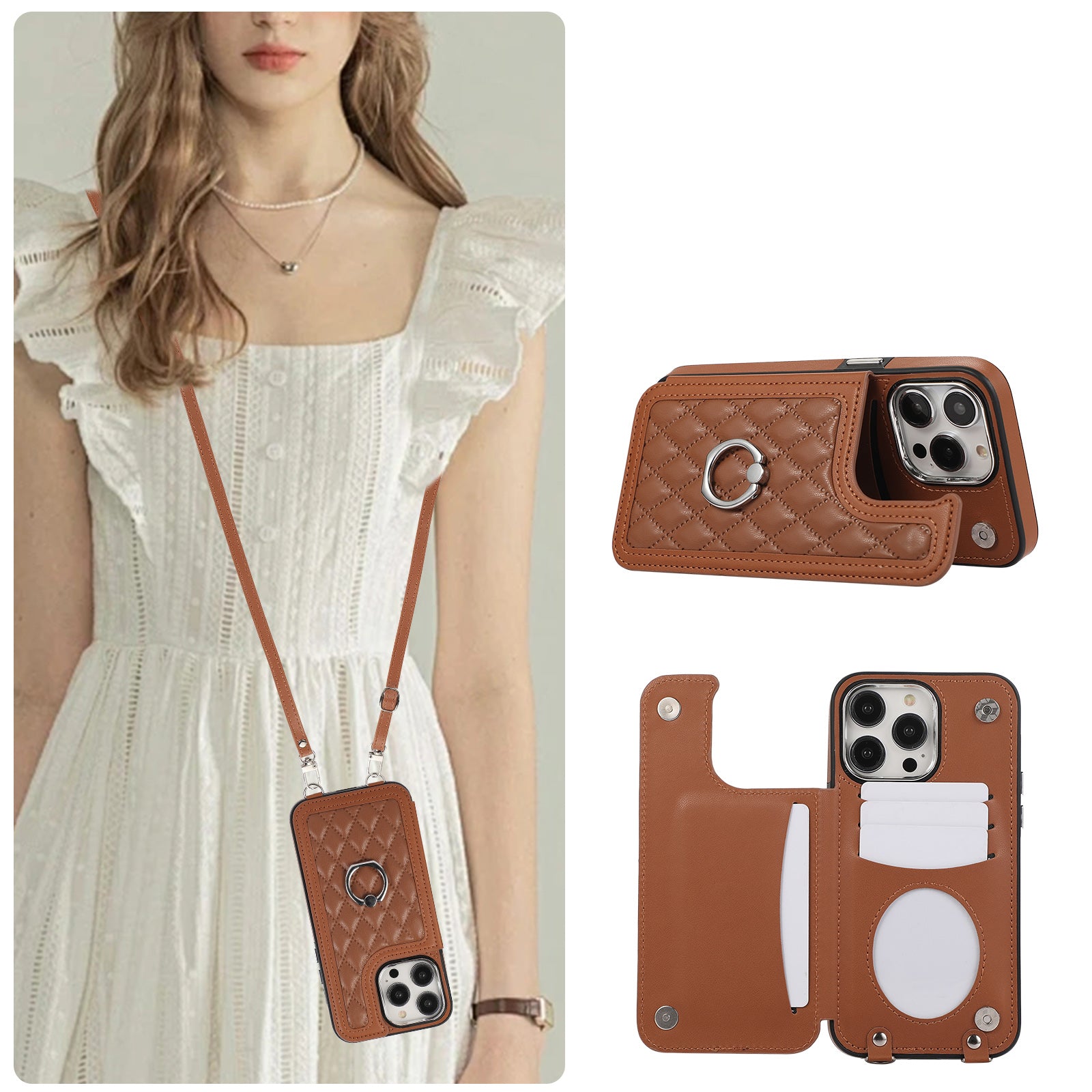 For iPhone 13 Pro Max Crossbody Case Leather Coated TPU Card Holder Kickstand Phone Cover