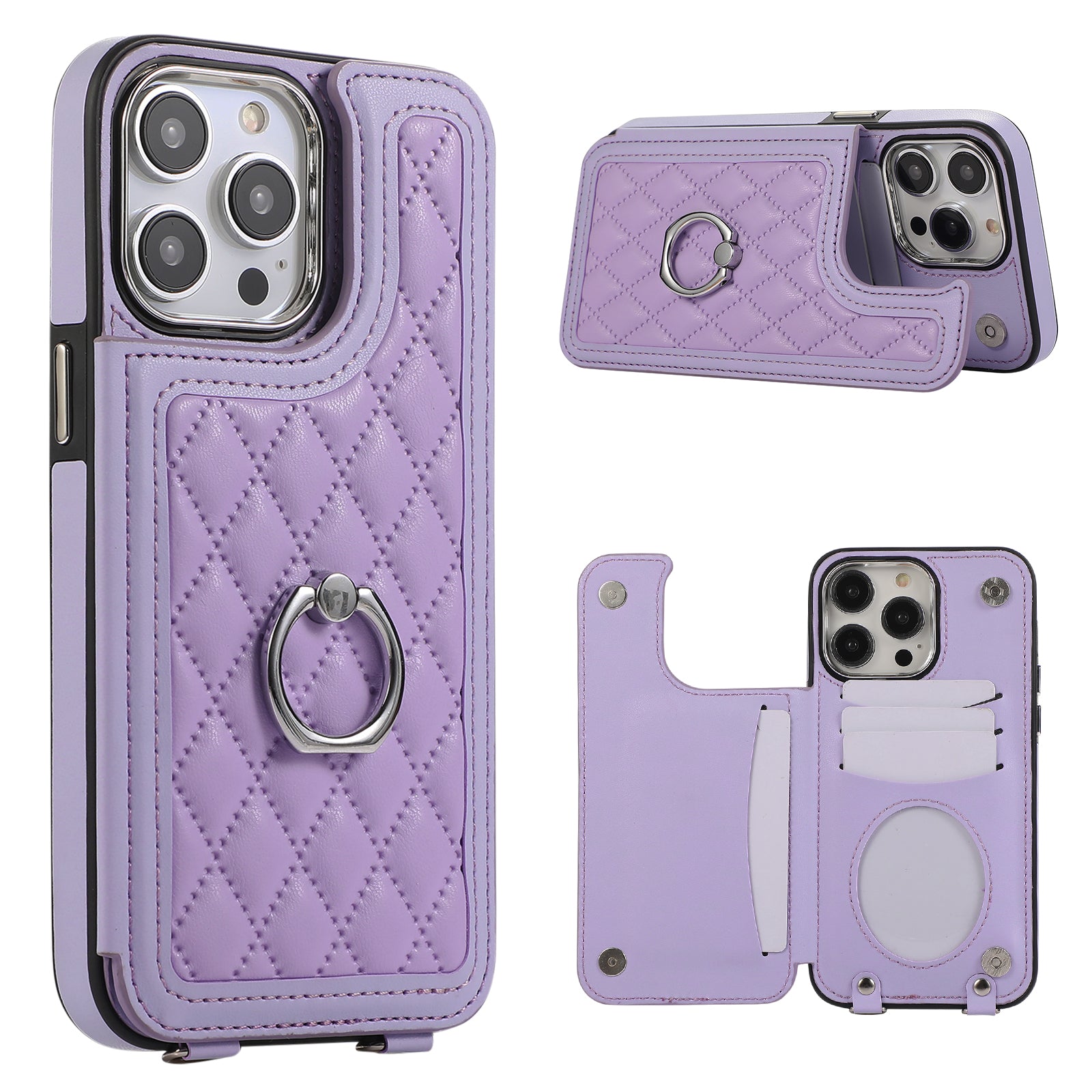 For iPhone 13 Pro Case RFID Blocking Card Slots Ring Kickstand Cover with Shoulder Strap