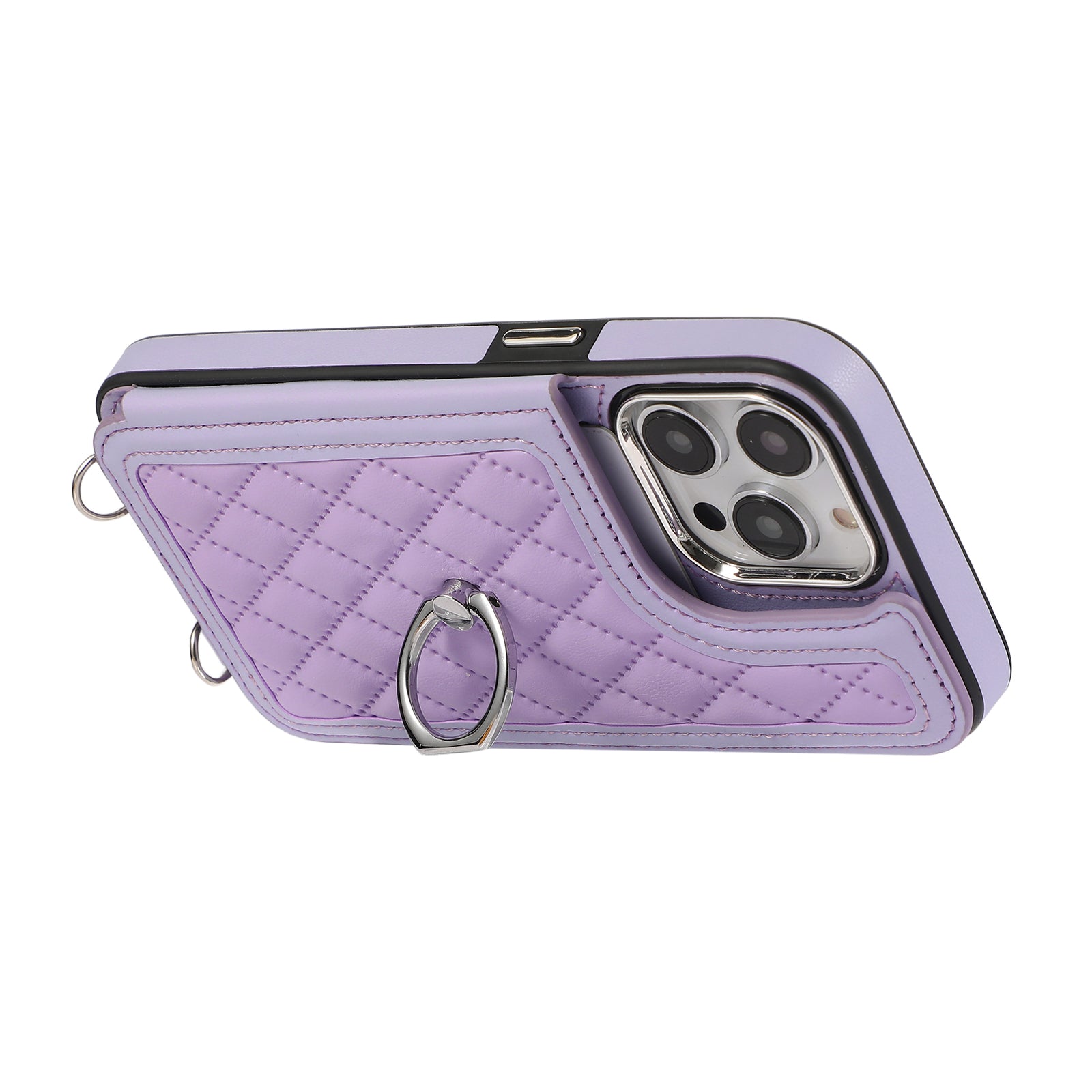 For iPhone 13 Pro Case RFID Blocking Card Slots Ring Kickstand Cover with Shoulder Strap